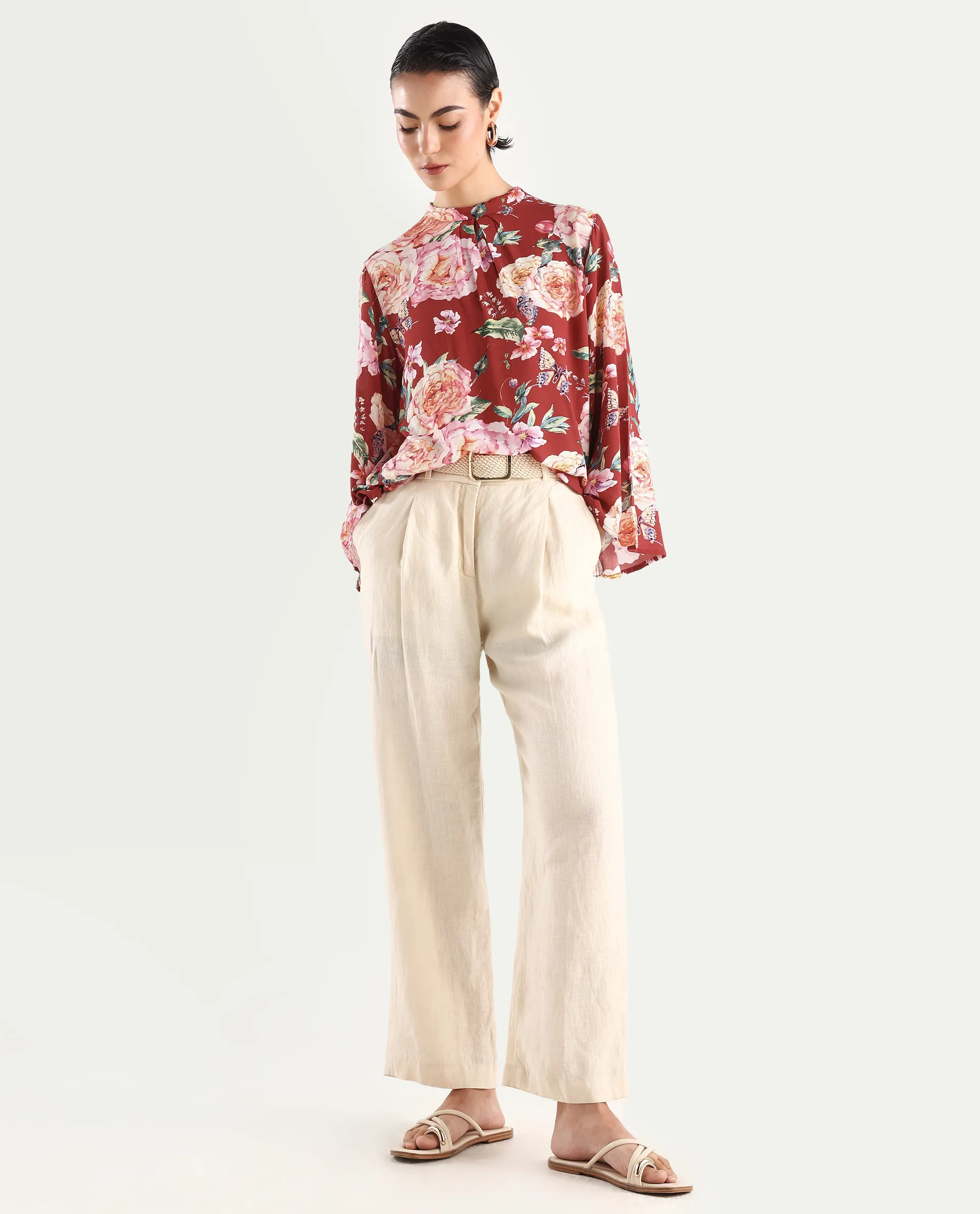 Rareism Women's Naplesco Maroon Viscose Blend High Neck Floral Print Bell Sleeve Regular Fit Top - Image 2