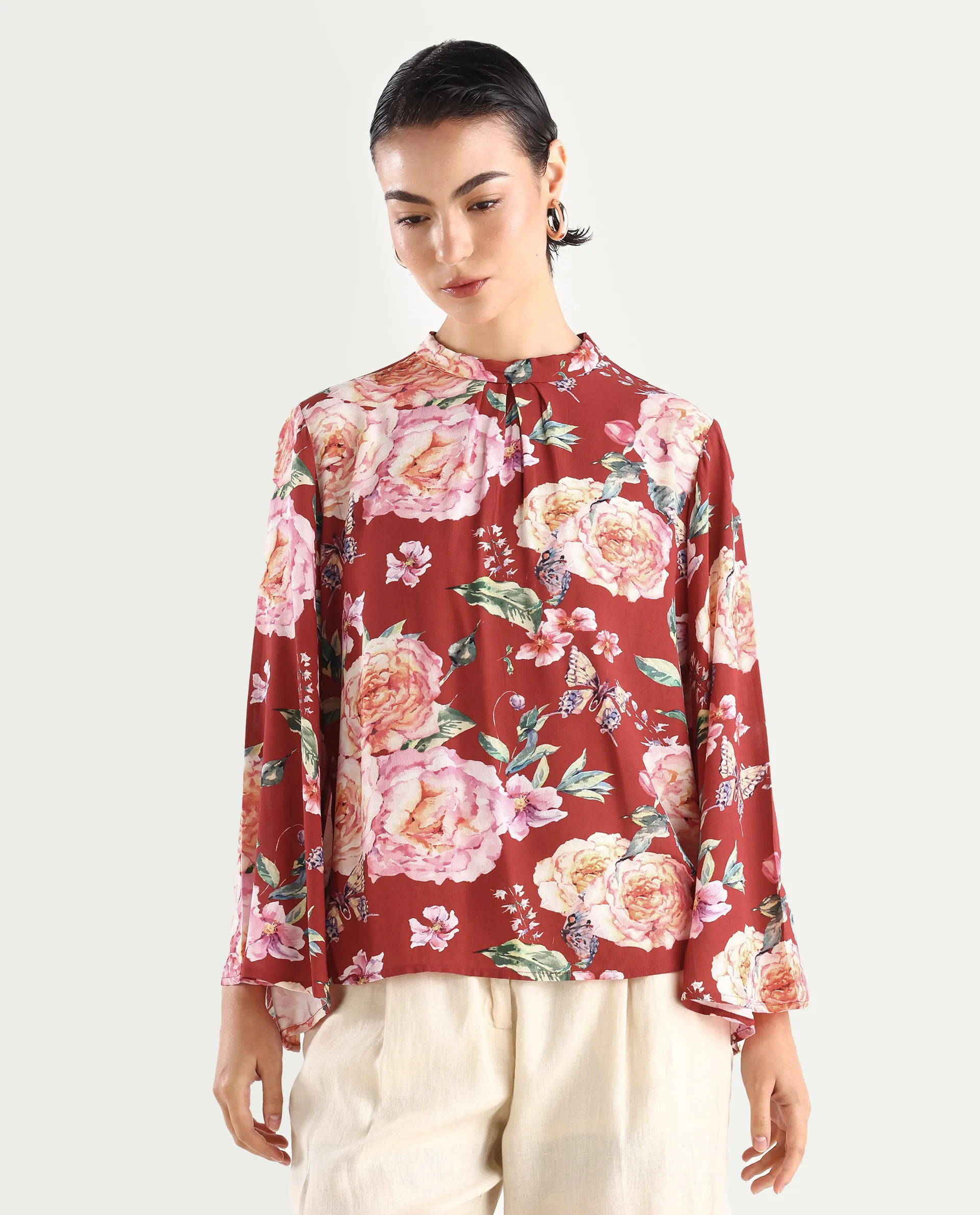 Rareism Women's Naplesco Maroon Viscose Blend High Neck Floral Print Bell Sleeve Regular Fit Top - Image 3