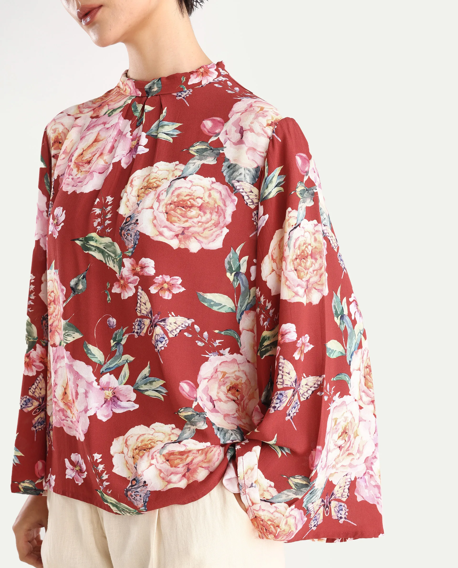 Rareism Women's Naplesco Maroon Viscose Blend High Neck Floral Print Bell Sleeve Regular Fit Top - Image 4
