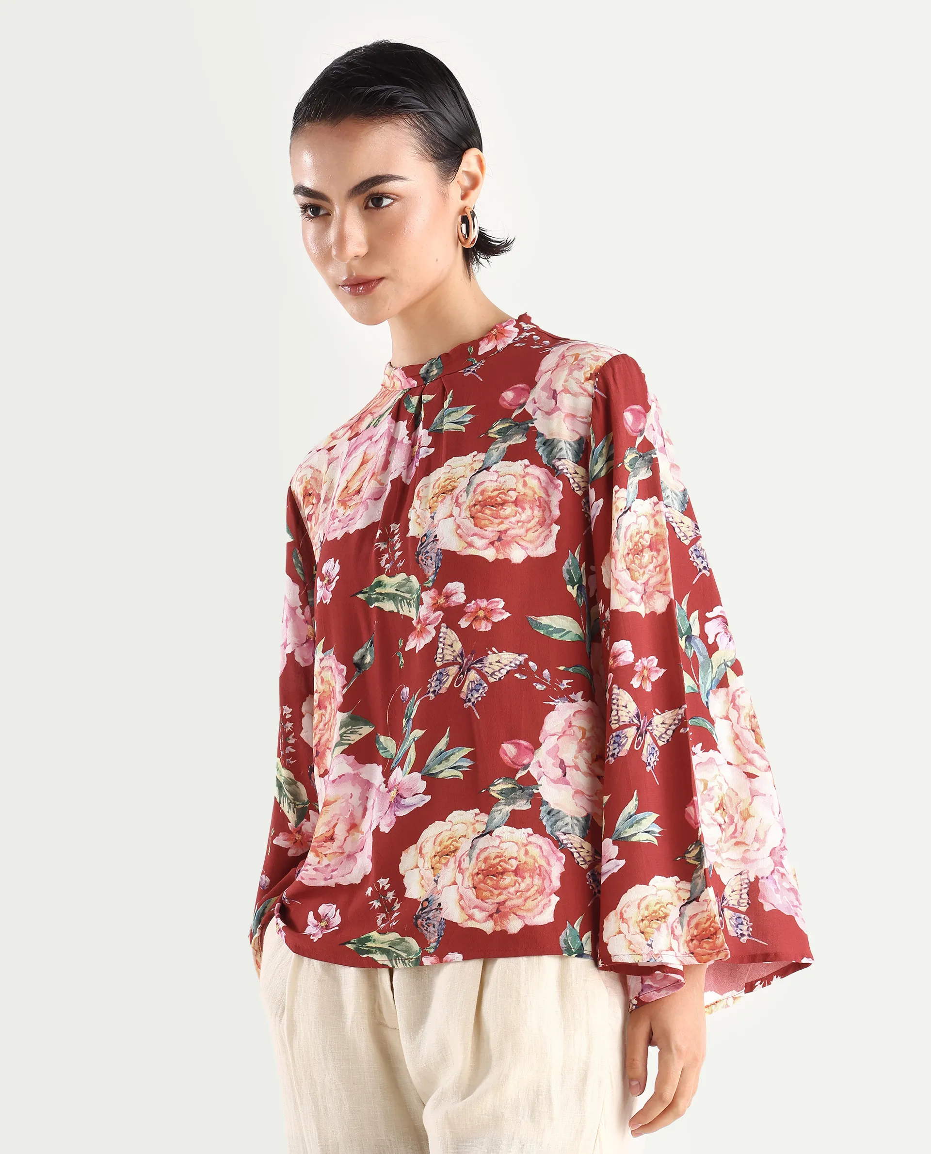 Rareism Women's Naplesco Maroon Viscose Blend High Neck Floral Print Bell Sleeve Regular Fit Top - Image 5