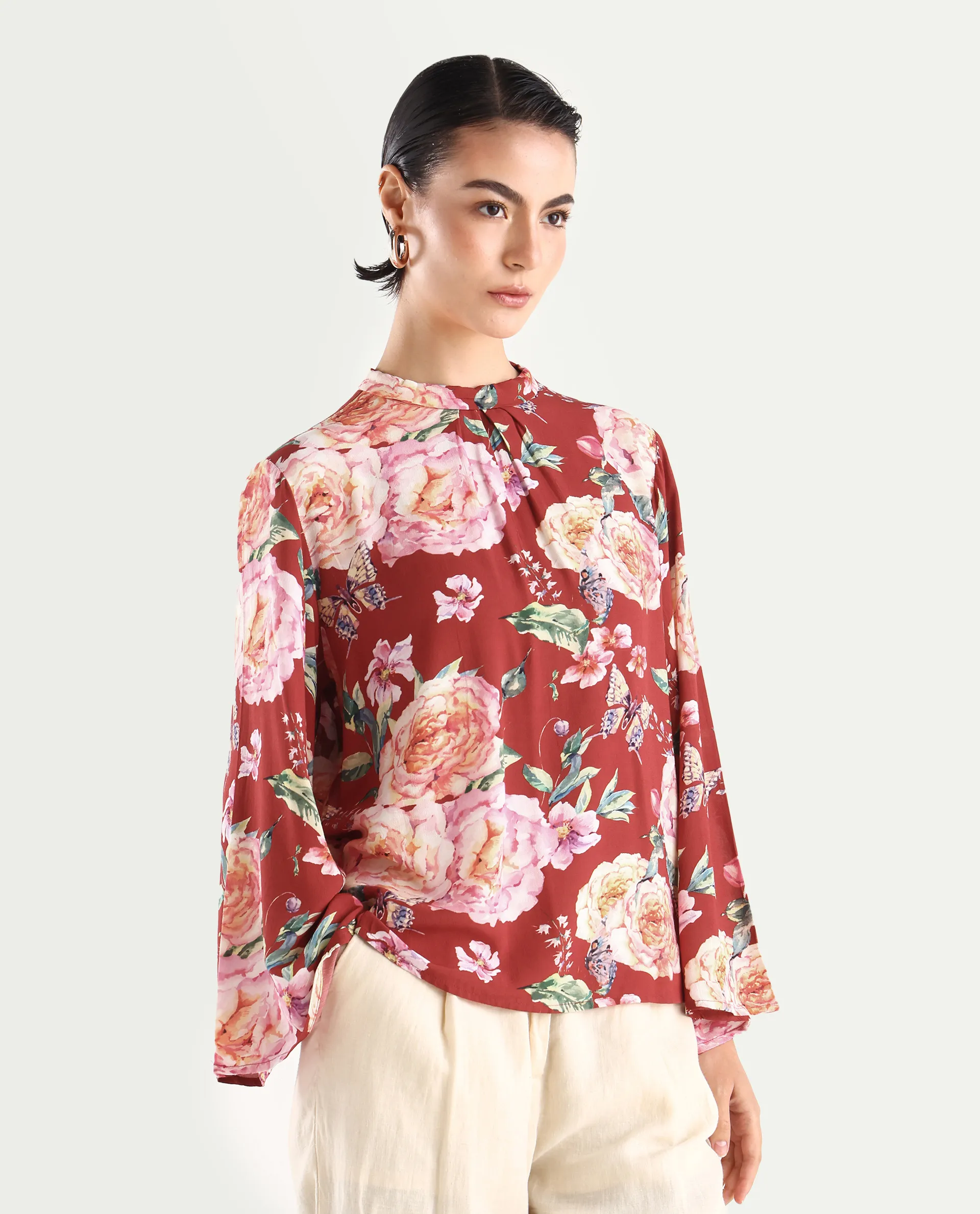 Rareism Women's Naplesco Maroon Viscose Blend High Neck Floral Print Bell Sleeve Regular Fit Top - Image 6