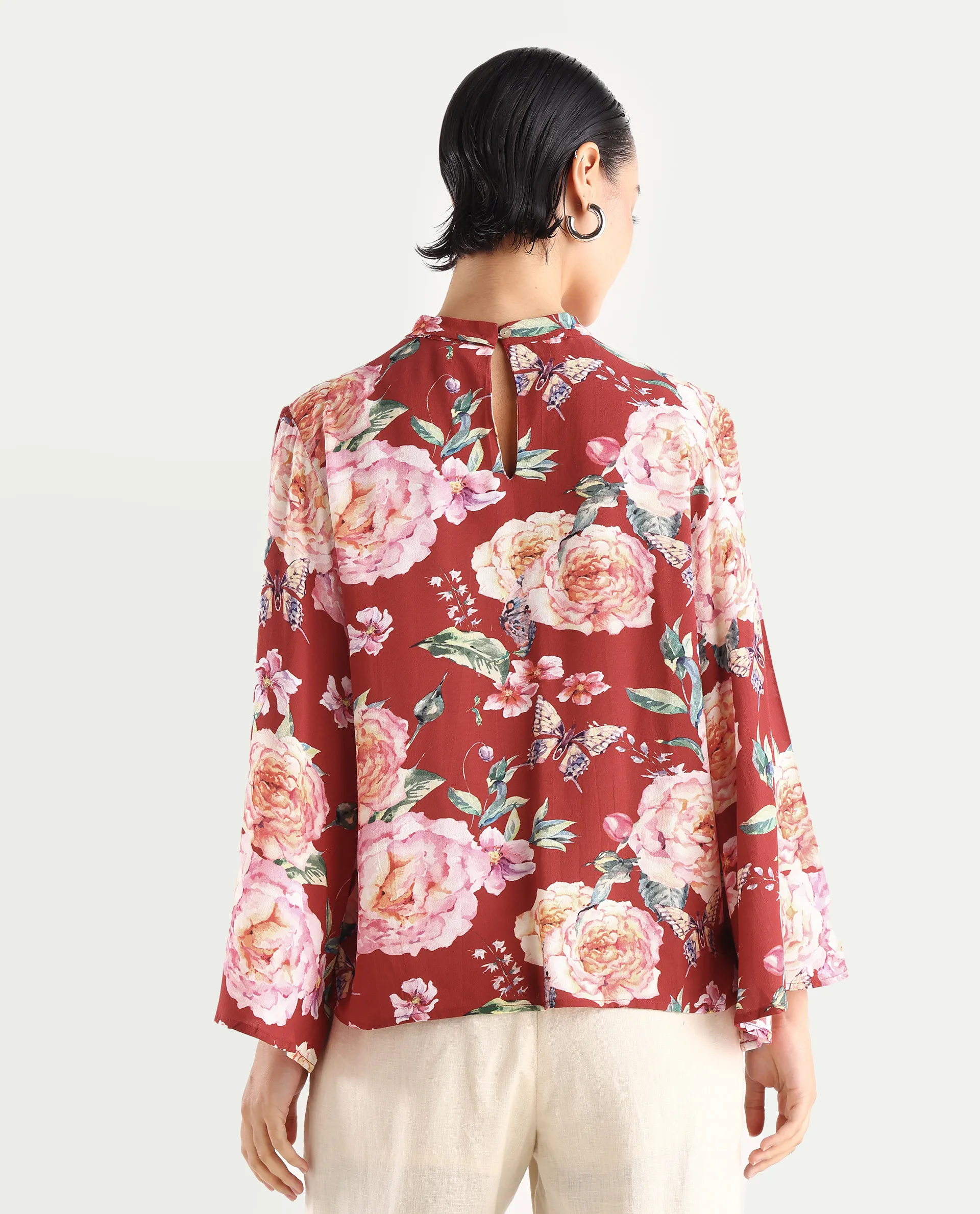 Rareism Women's Naplesco Maroon Viscose Blend High Neck Floral Print Bell Sleeve Regular Fit Top - Image 7