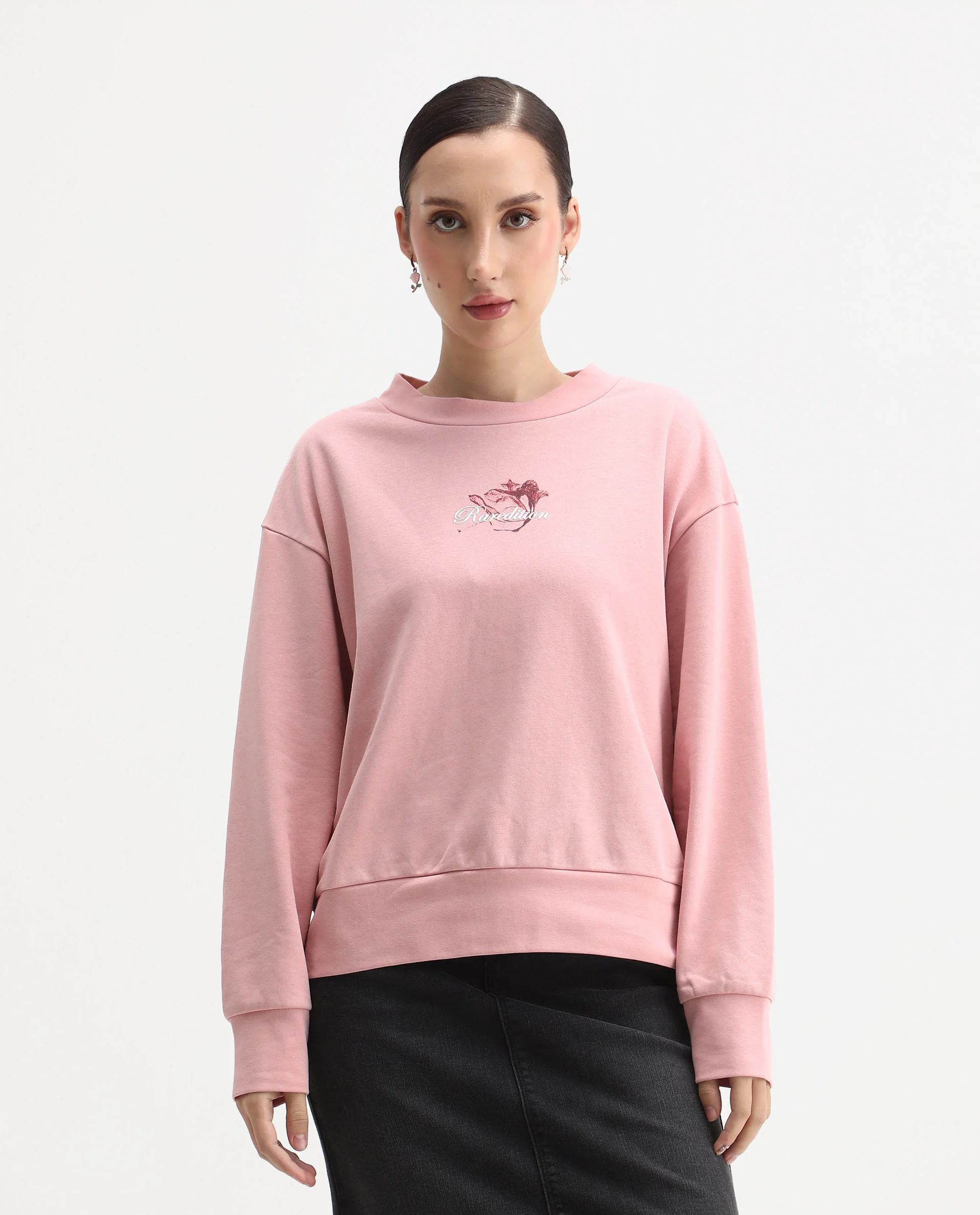 Rareism Women's Naq Light Pink Cotton Blend Crew Neck Relaxed Fit Graphic Print Sweatshirt - Image 3