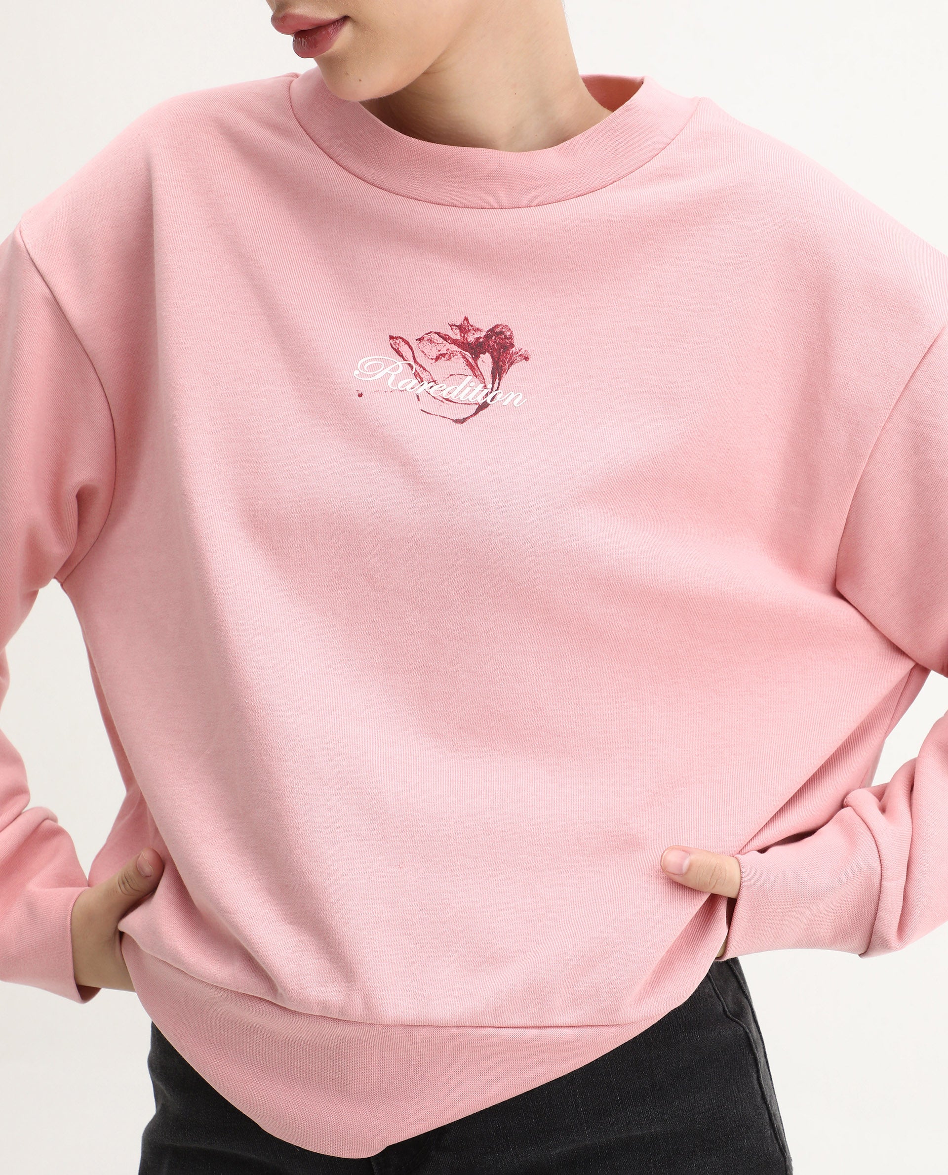 Rareism Women's Naq Light Pink Cotton Blend Crew Neck Relaxed Fit Graphic Print Sweatshirt - Image 4