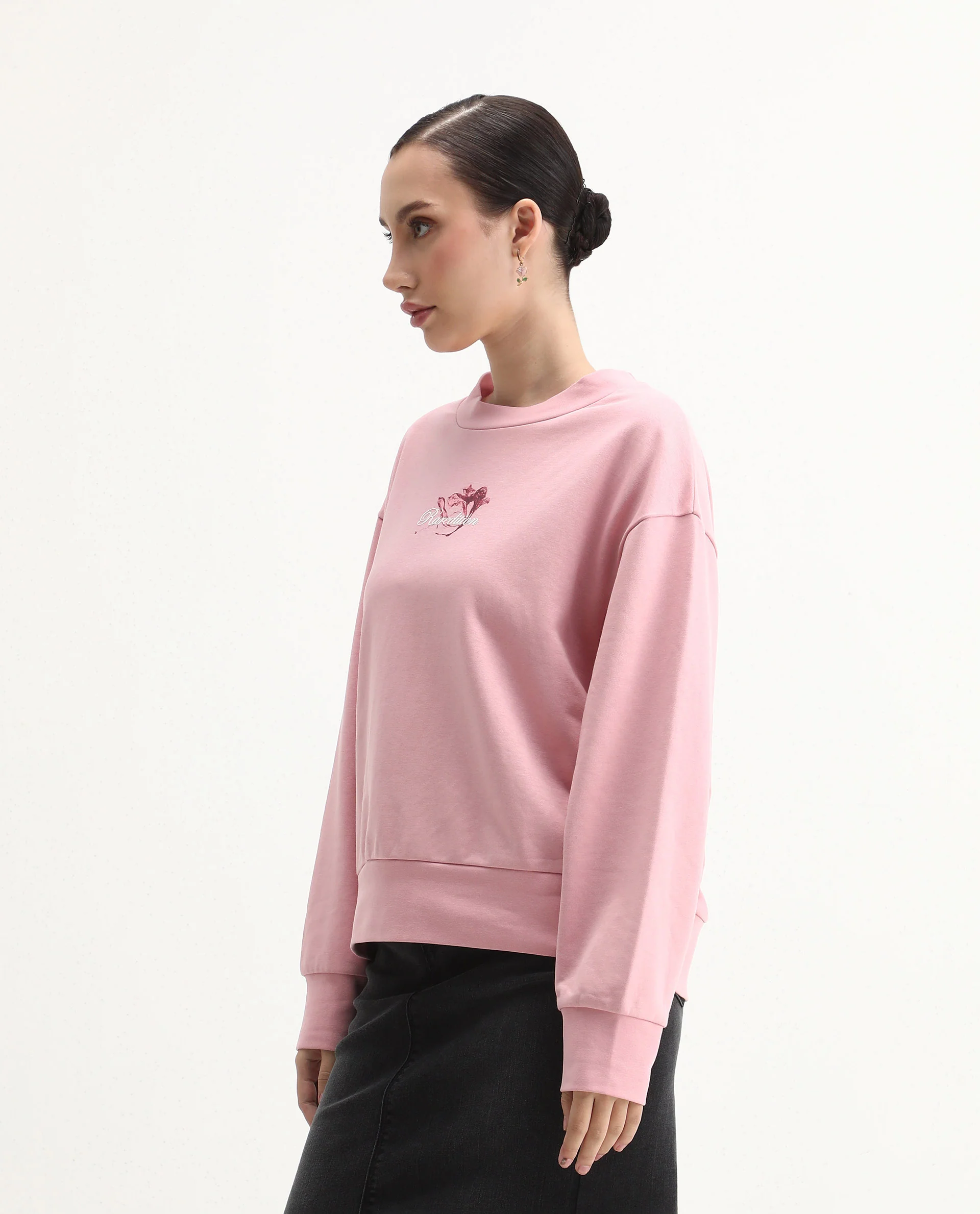 Rareism Women's Naq Light Pink Cotton Blend Crew Neck Relaxed Fit Graphic Print Sweatshirt - Image 5