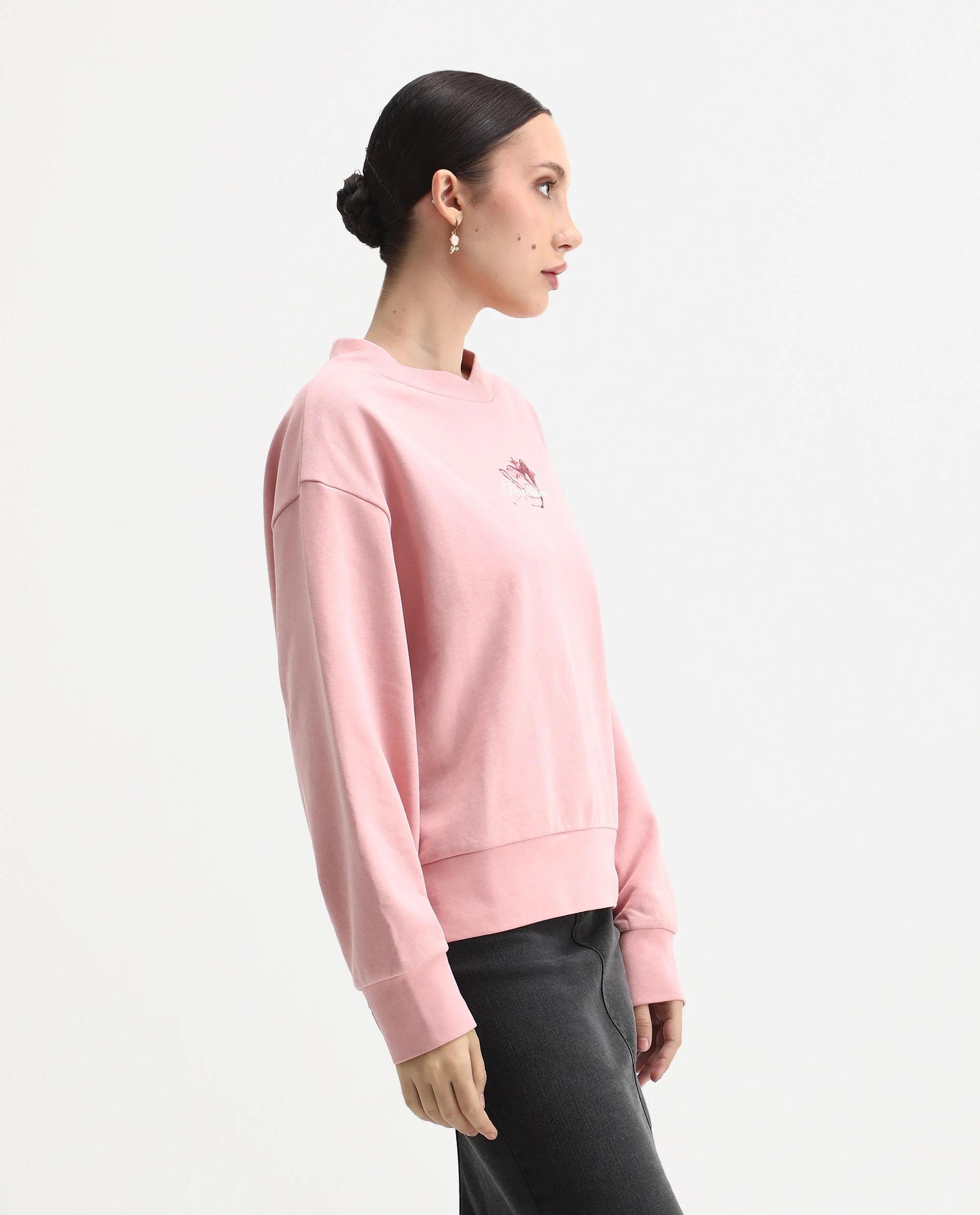 Rareism Women's Naq Light Pink Cotton Blend Crew Neck Relaxed Fit Graphic Print Sweatshirt - Image 6