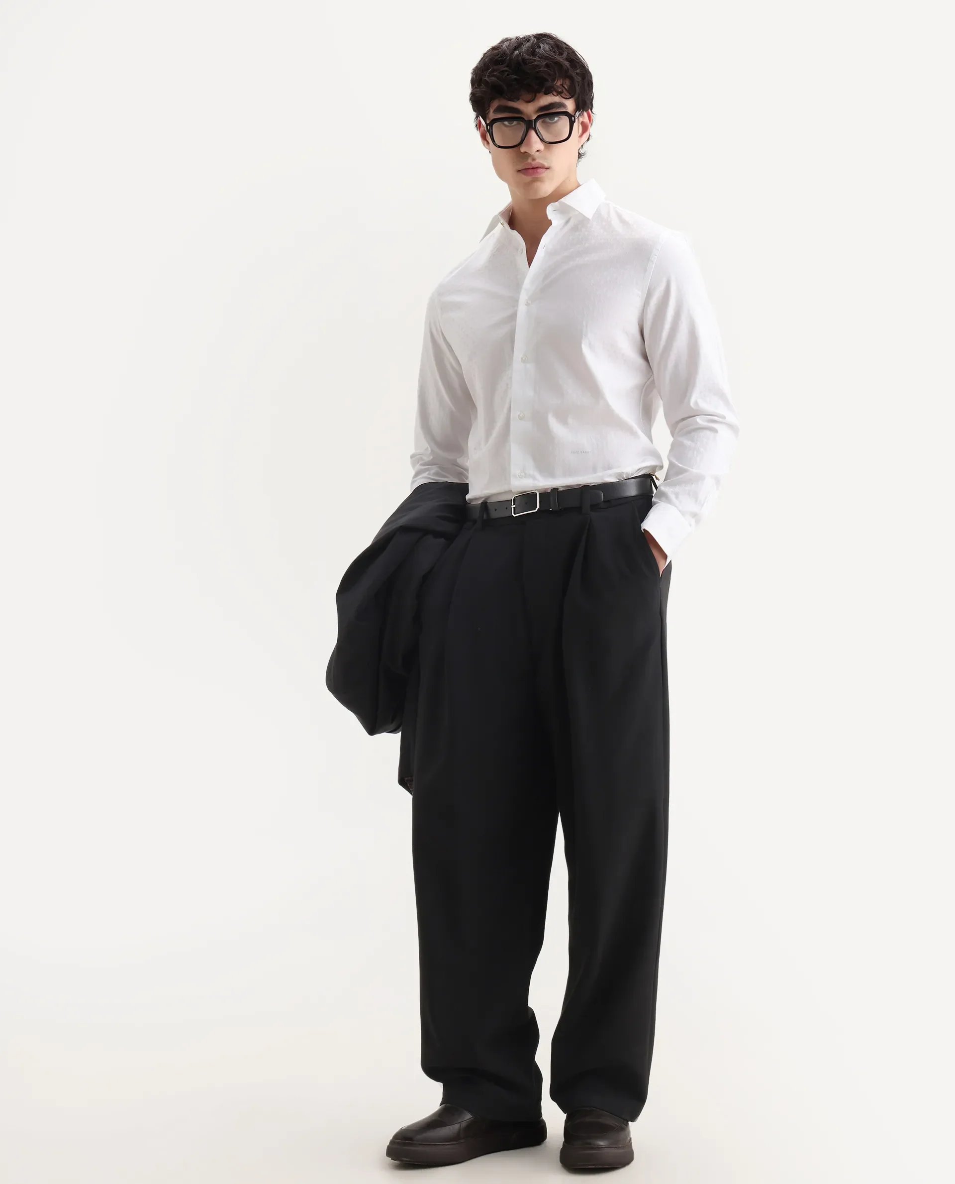 Rare Rabbit Men's Narb White Cotton Spread Collar Fit And Flare Jacquard Shirt - Image 2