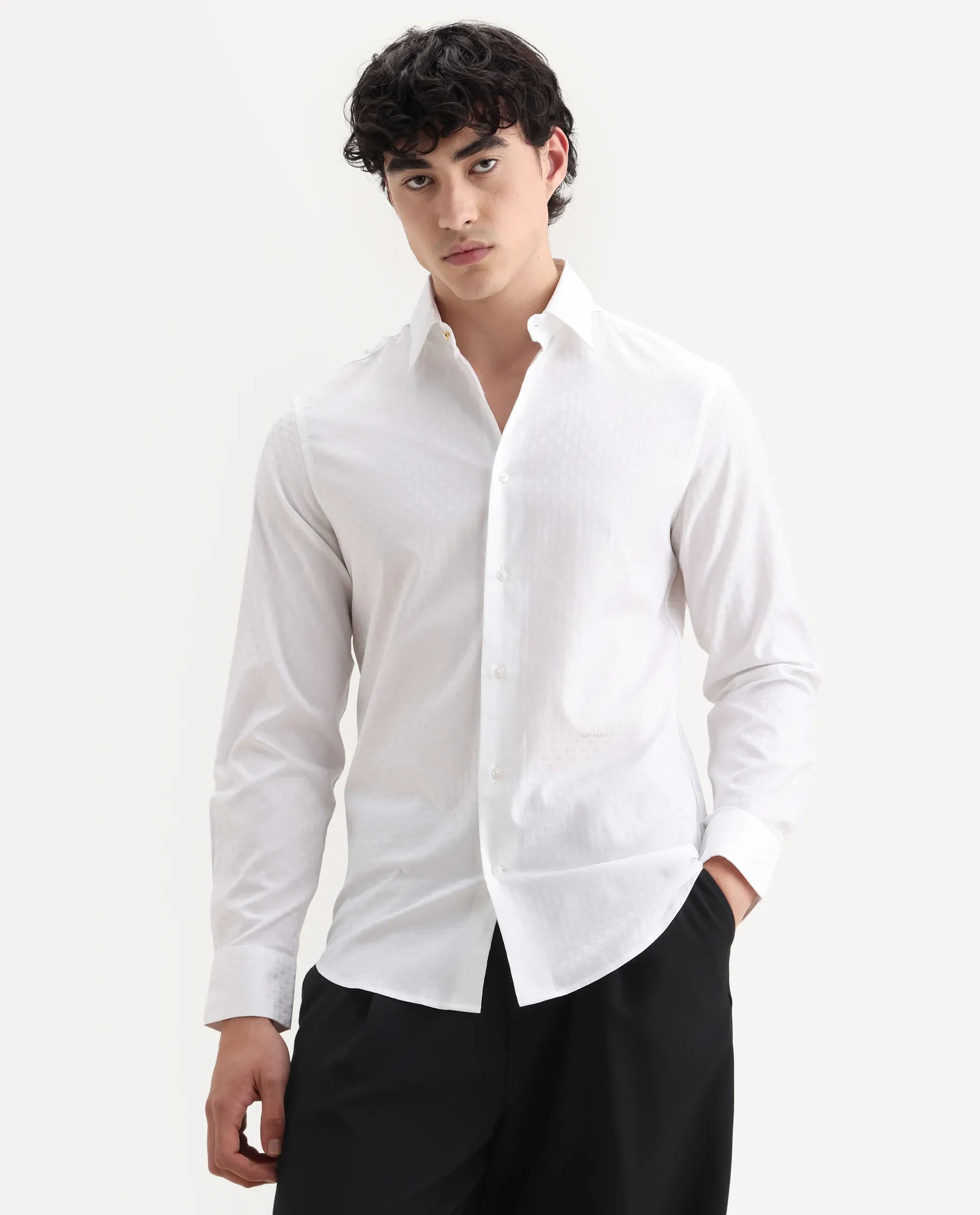 Rare Rabbit Men's Narb White Cotton Spread Collar Fit And Flare Jacquard Shirt - Image 4