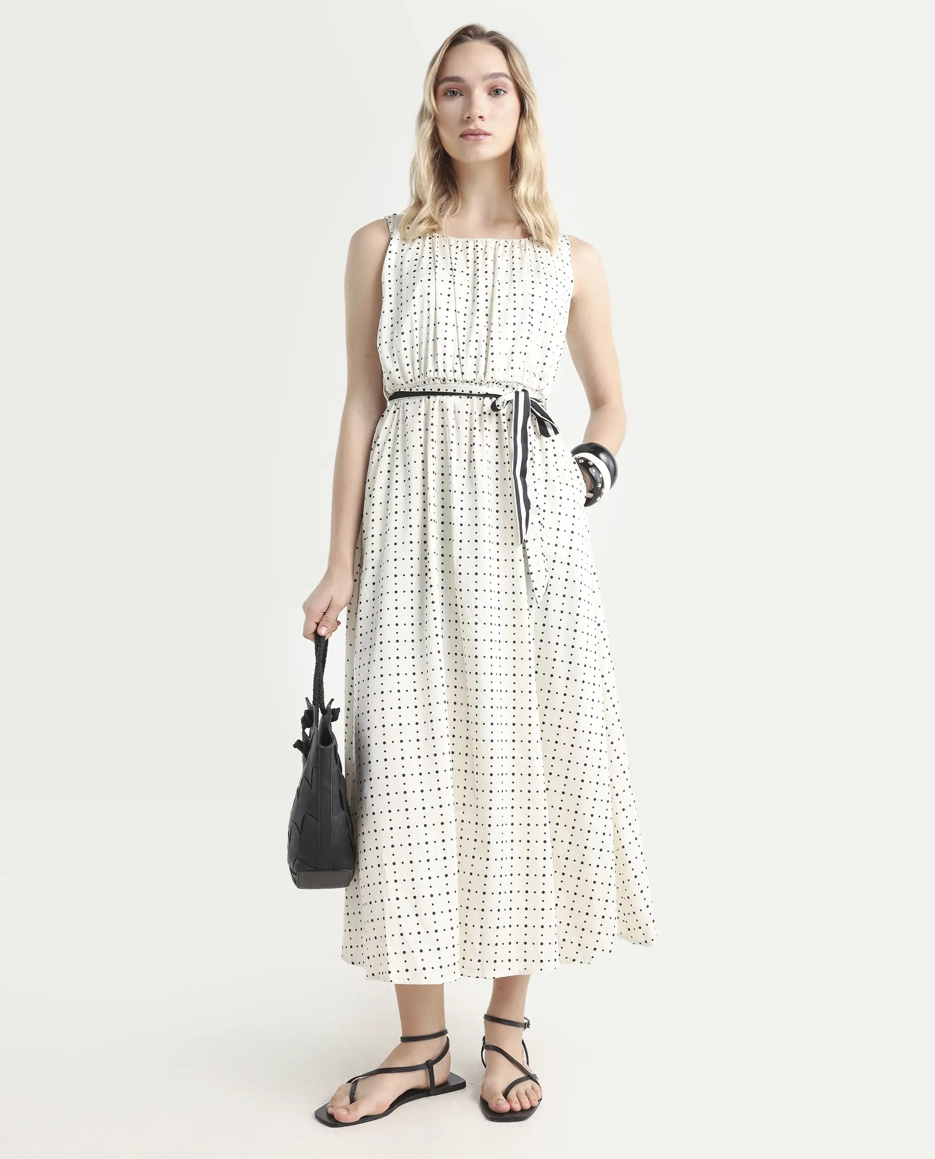Rareism Women's Narcissa Beige Polyester Boat Neck Polka Print Sleeveless Knee Length Regular Fit Dress