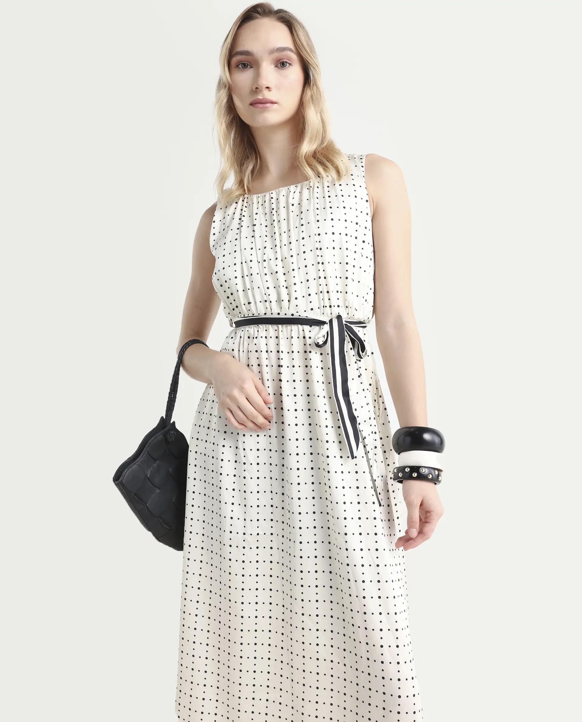 Rareism Women's Narcissa Beige Polyester Boat Neck Polka Print Sleeveless Knee Length Regular Fit Dress - Image 2