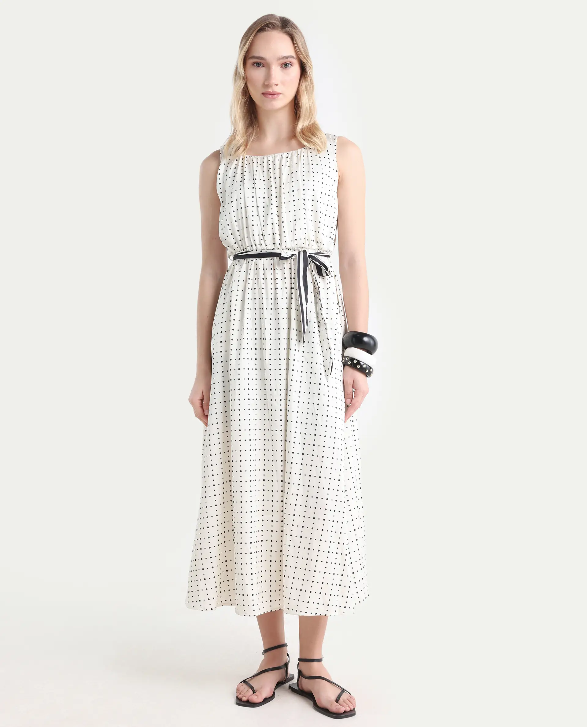 Rareism Women's Narcissa Beige Polyester Boat Neck Polka Print Sleeveless Knee Length Regular Fit Dress - Image 3