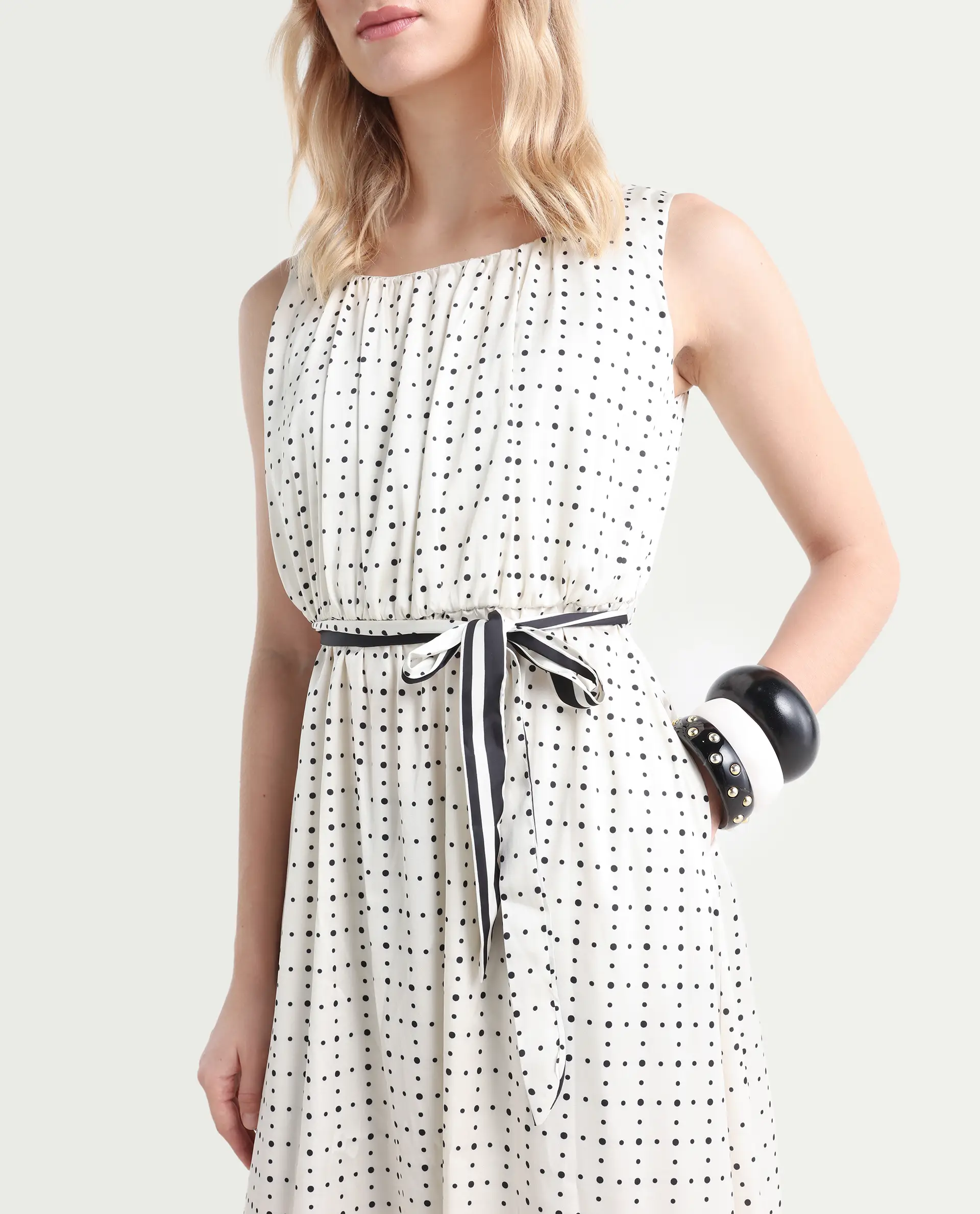 Rareism Women's Narcissa Beige Polyester Boat Neck Polka Print Sleeveless Knee Length Regular Fit Dress - Image 4