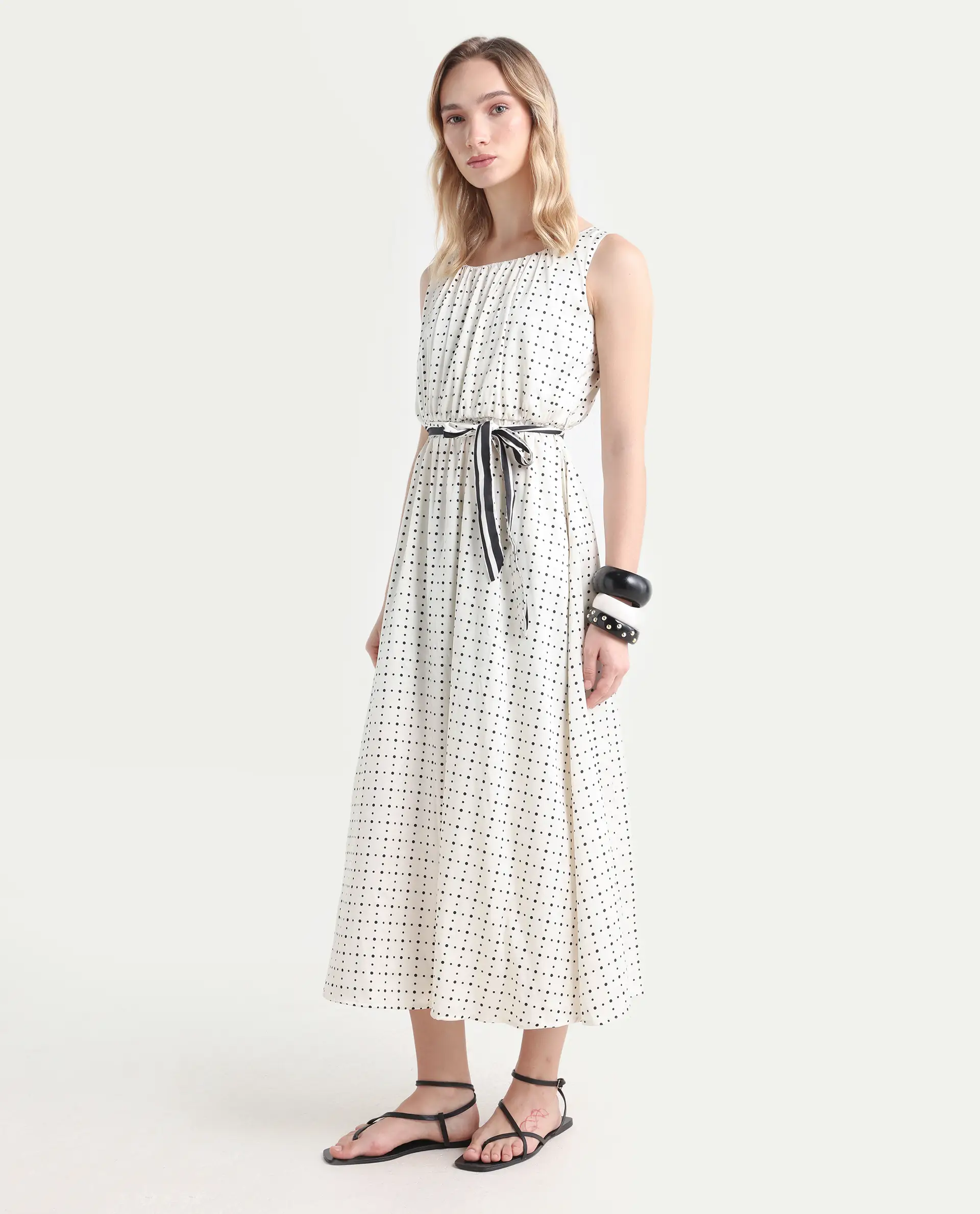 Rareism Women's Narcissa Beige Polyester Boat Neck Polka Print Sleeveless Knee Length Regular Fit Dress - Image 5