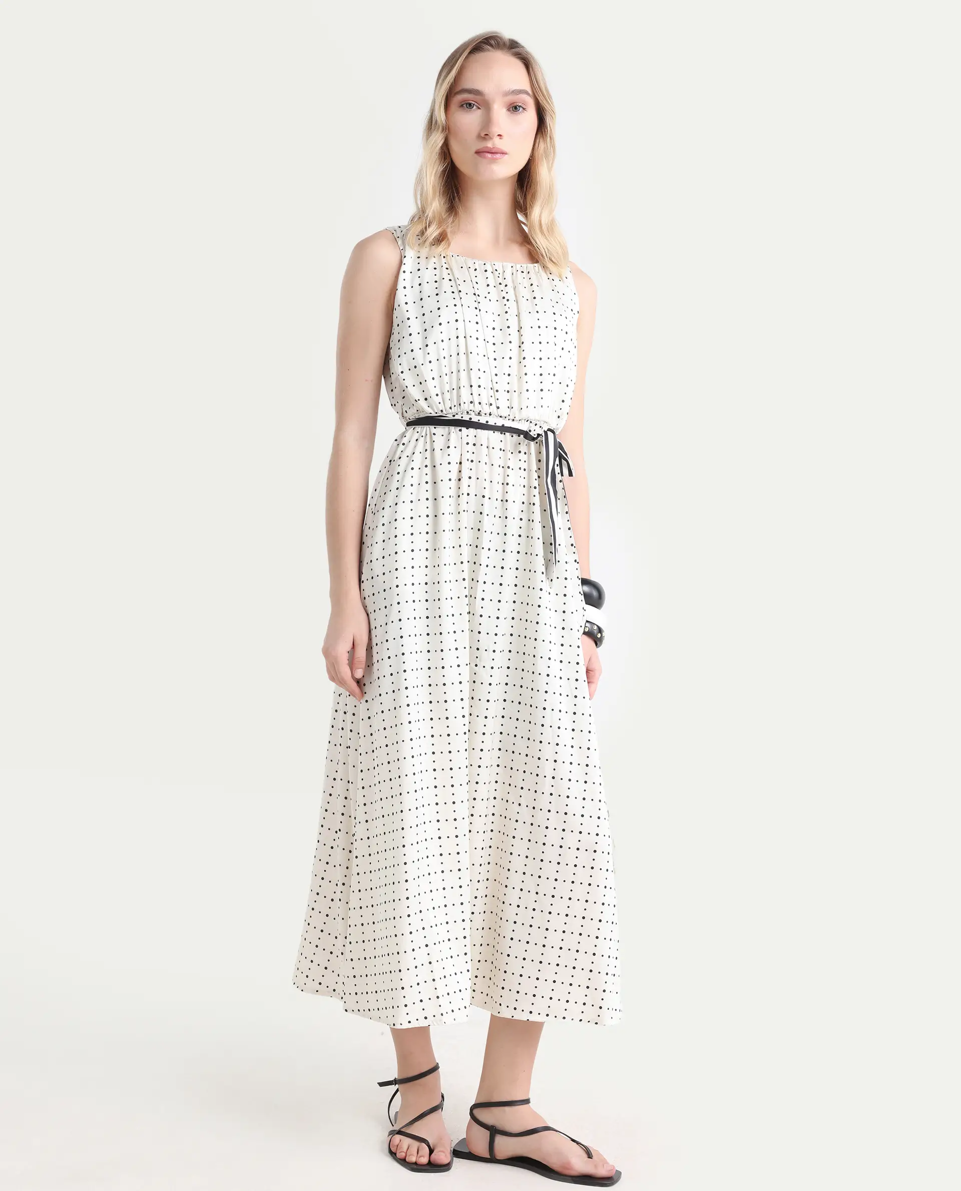 Rareism Women's Narcissa Beige Polyester Boat Neck Polka Print Sleeveless Knee Length Regular Fit Dress - Image 6