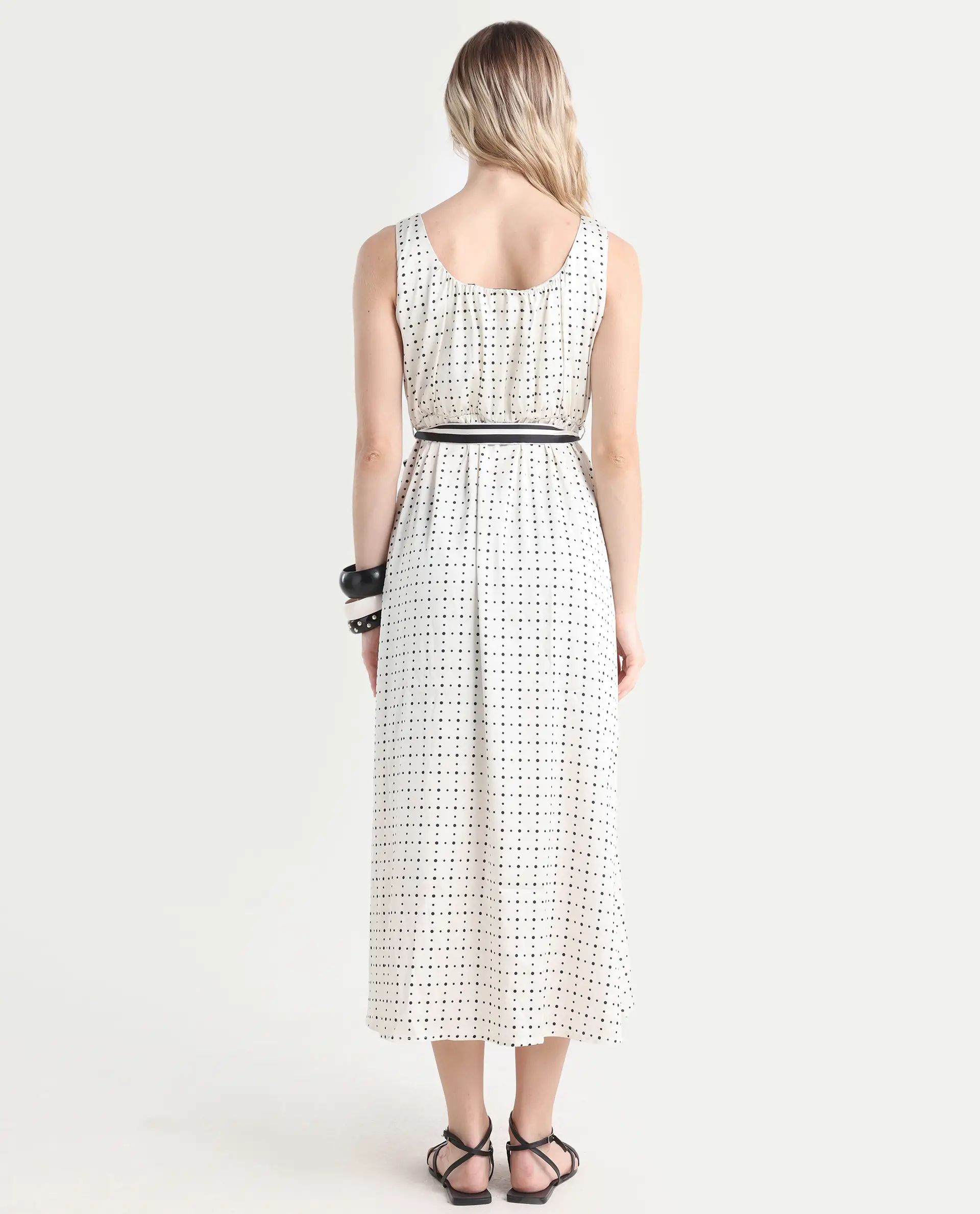 Rareism Women's Narcissa Beige Polyester Boat Neck Polka Print Sleeveless Knee Length Regular Fit Dress - Image 7
