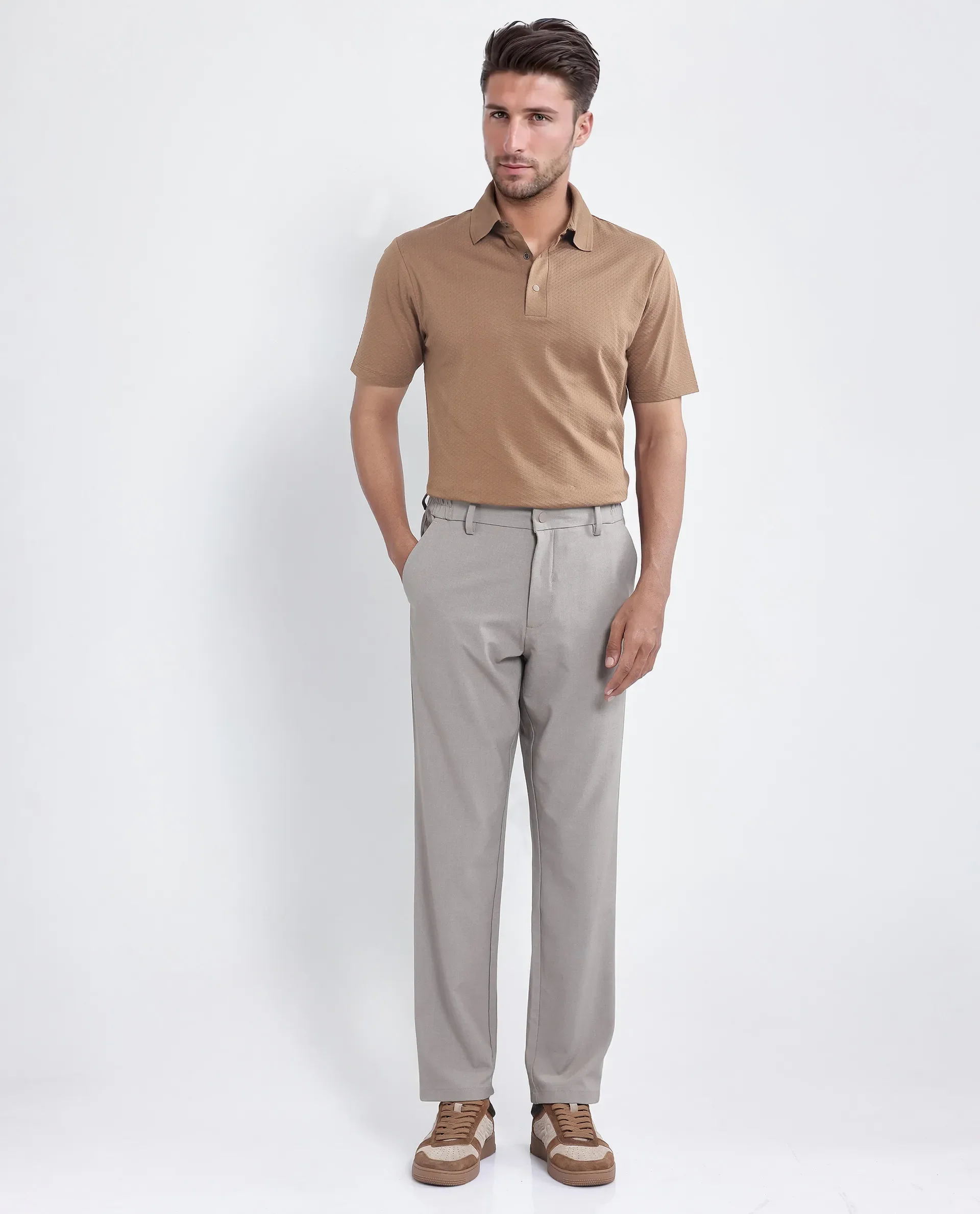 Rare Rabbit Men's Nark Dusky Brown Cotton Textured Regular Fit Half Sleeve Polo - Image 2