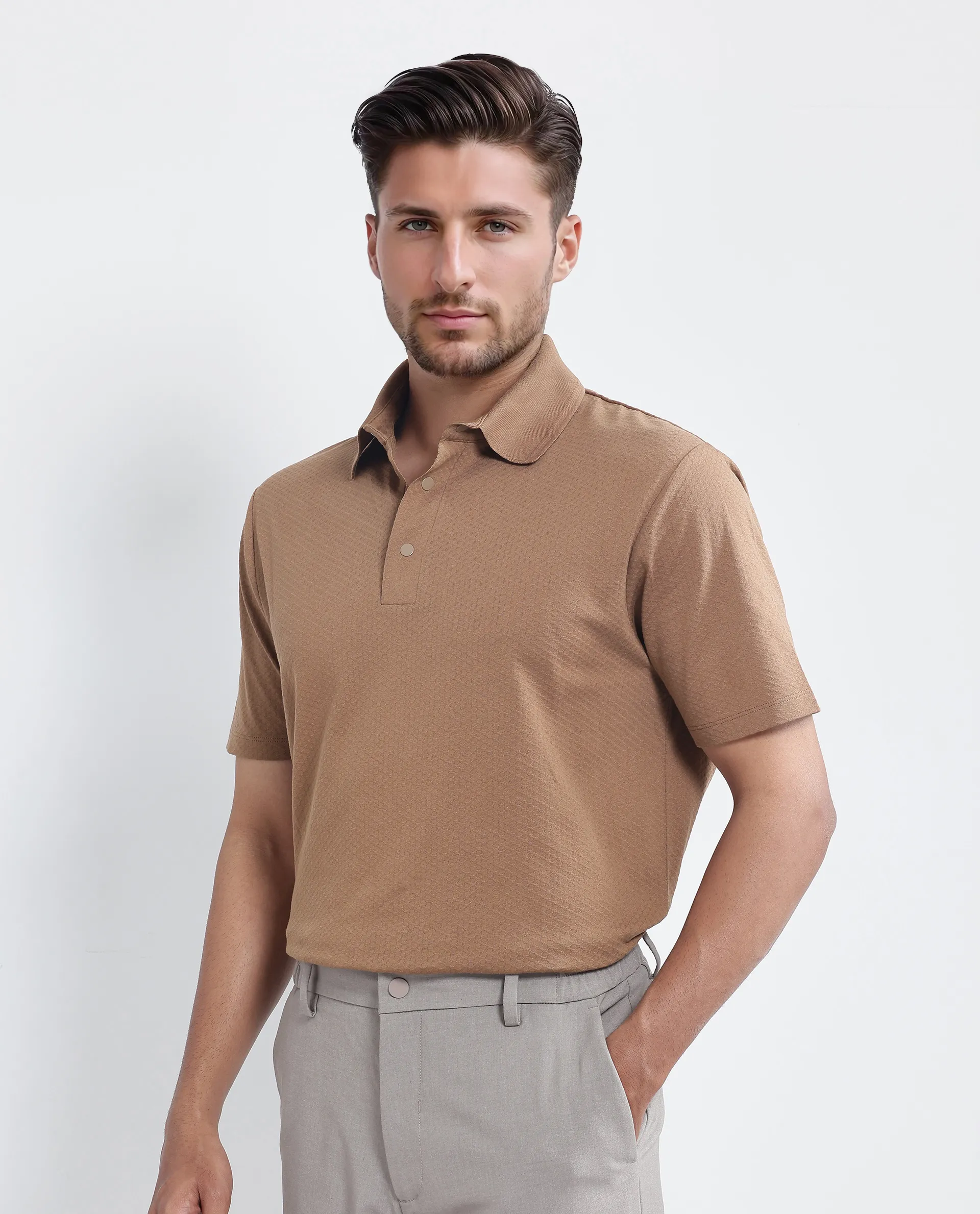 Rare Rabbit Men's Nark Dusky Brown Cotton Textured Regular Fit Half Sleeve Polo - Image 6