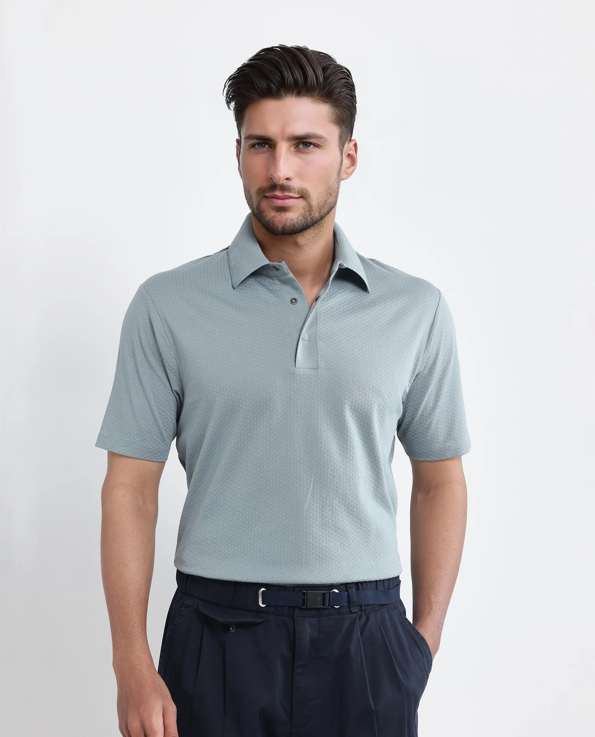Rare Rabbit Men's Nark Dusky Green Cotton Textured Regular Fit Half Sleeve Polo