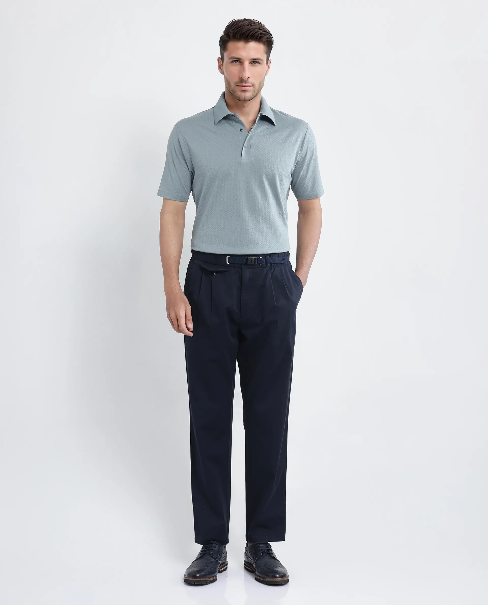 Rare Rabbit Men's Nark Dusky Green Cotton Textured Regular Fit Half Sleeve Polo - Image 2