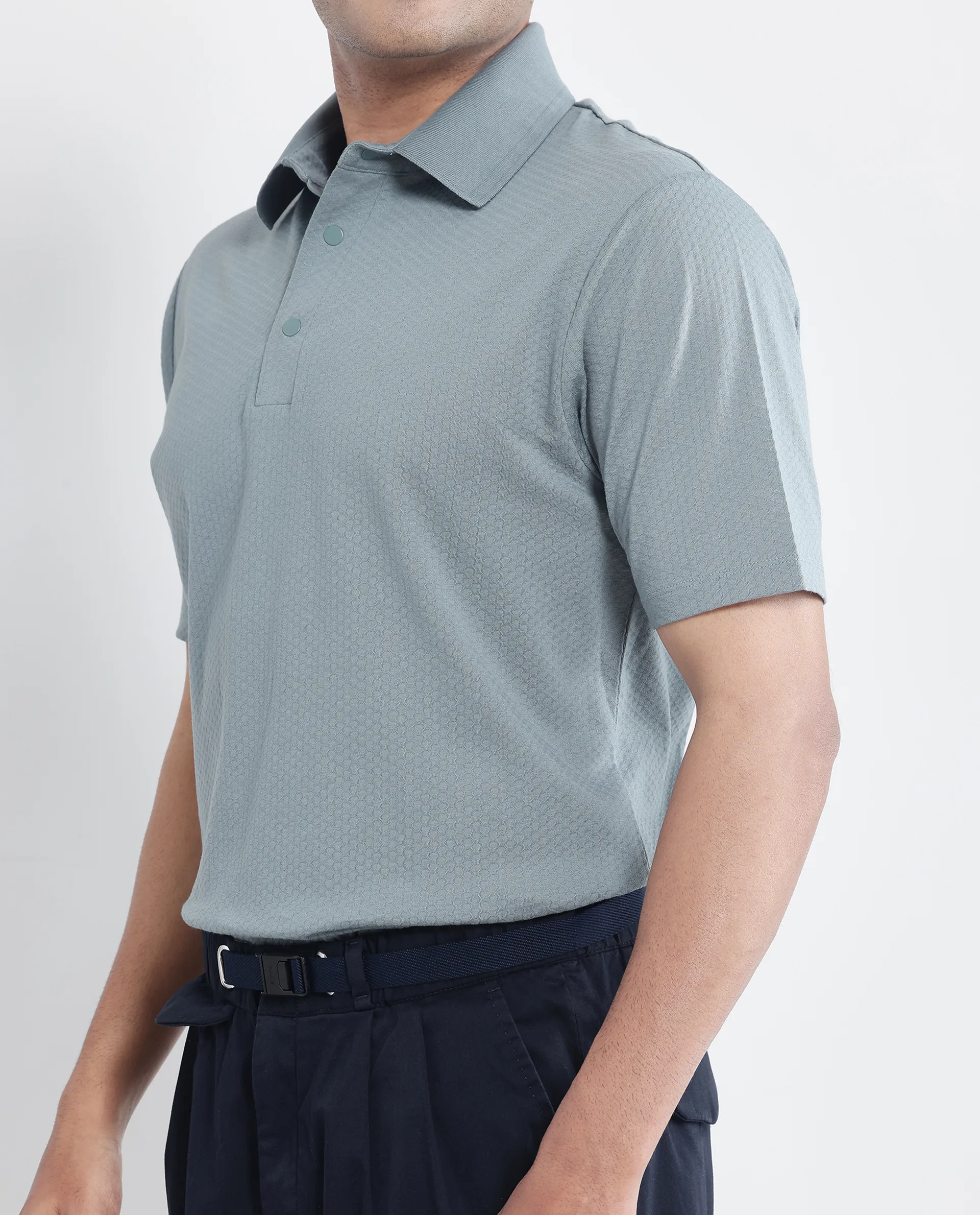 Rare Rabbit Men's Nark Dusky Green Cotton Textured Regular Fit Half Sleeve Polo - Image 3
