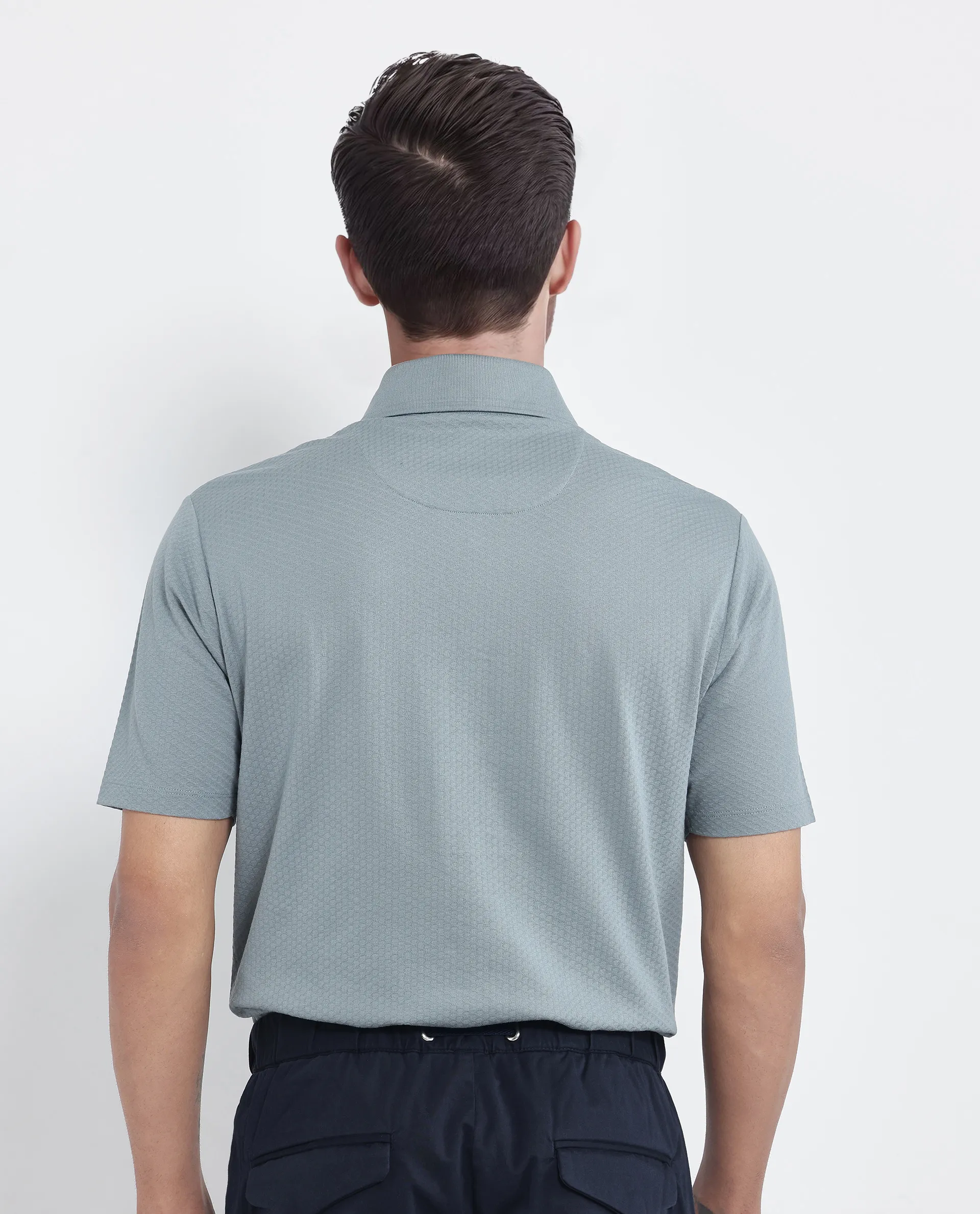 Rare Rabbit Men's Nark Dusky Green Cotton Textured Regular Fit Half Sleeve Polo - Image 4