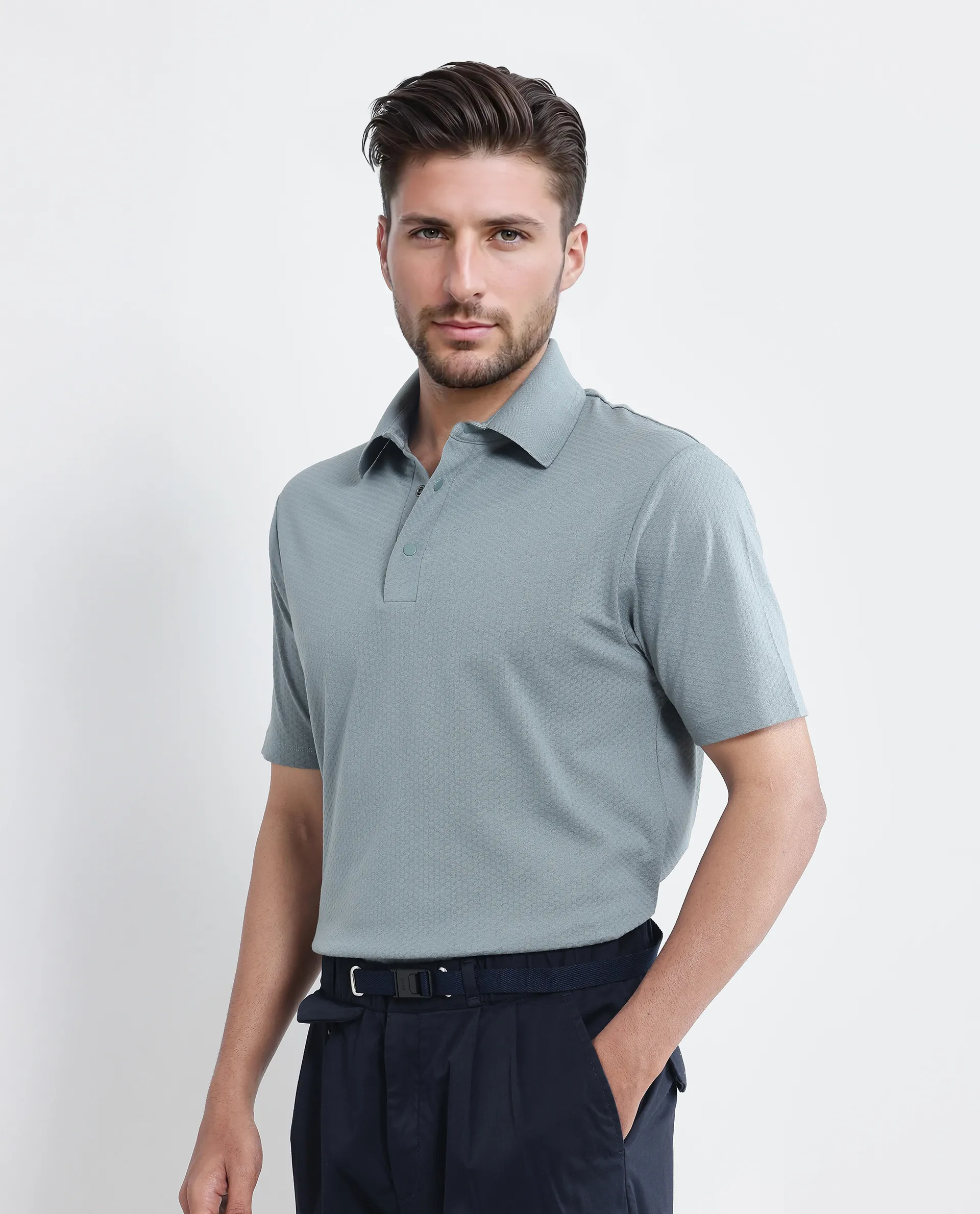Rare Rabbit Men's Nark Dusky Green Cotton Textured Regular Fit Half Sleeve Polo - Image 5