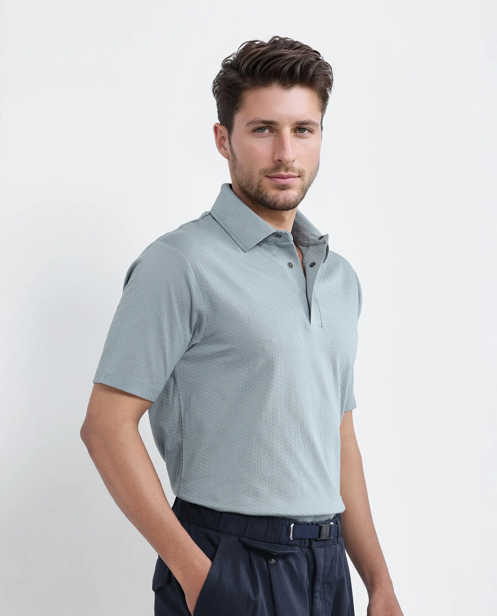 Rare Rabbit Men's Nark Dusky Green Cotton Textured Regular Fit Half Sleeve Polo - Image 6