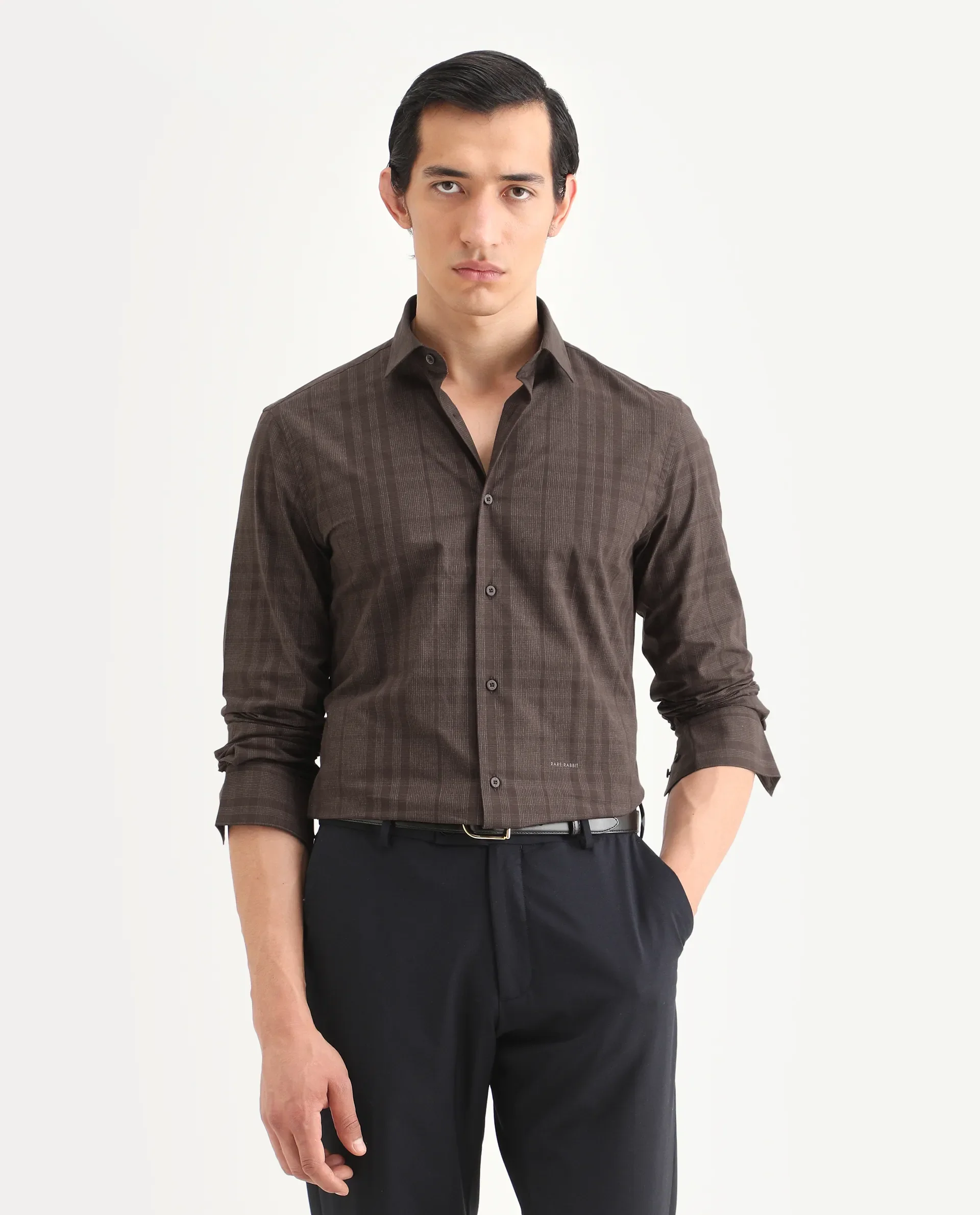 Rare Rabbit Men's Naro-25 Brown Cotton Checked Print Regular Fit Full Sleeve Spread Collar Shirt - Image 3