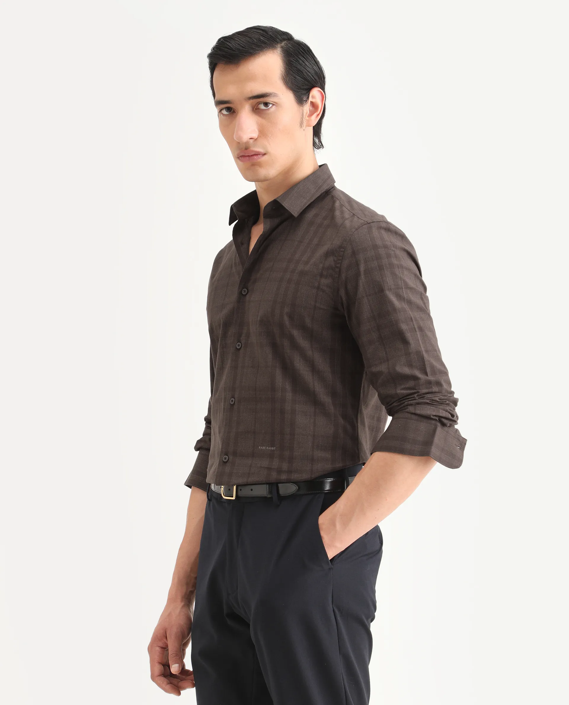 Rare Rabbit Men's Naro-25 Brown Cotton Checked Print Regular Fit Full Sleeve Spread Collar Shirt - Image 5