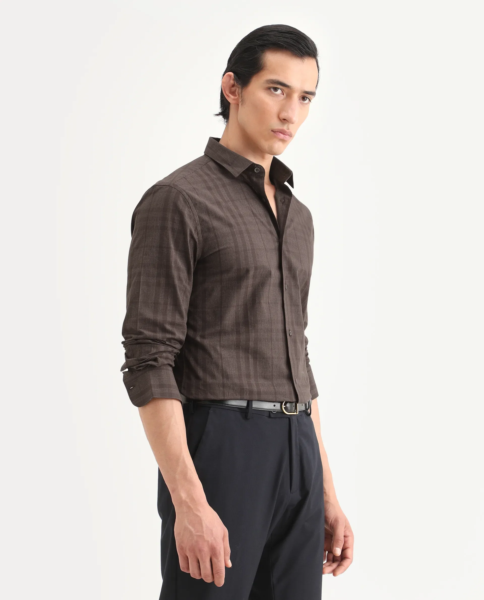 Rare Rabbit Men's Naro-25 Brown Cotton Checked Print Regular Fit Full Sleeve Spread Collar Shirt - Image 6