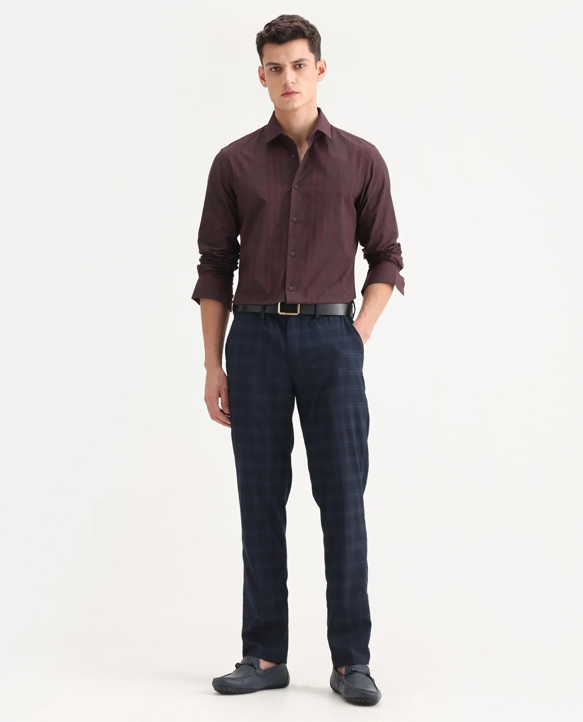 Rare Rabbit Men's Naro-25 Dark Red Cotton Checked Print Regular Fit Full Sleeve Spread Collar Shirt - Image 2