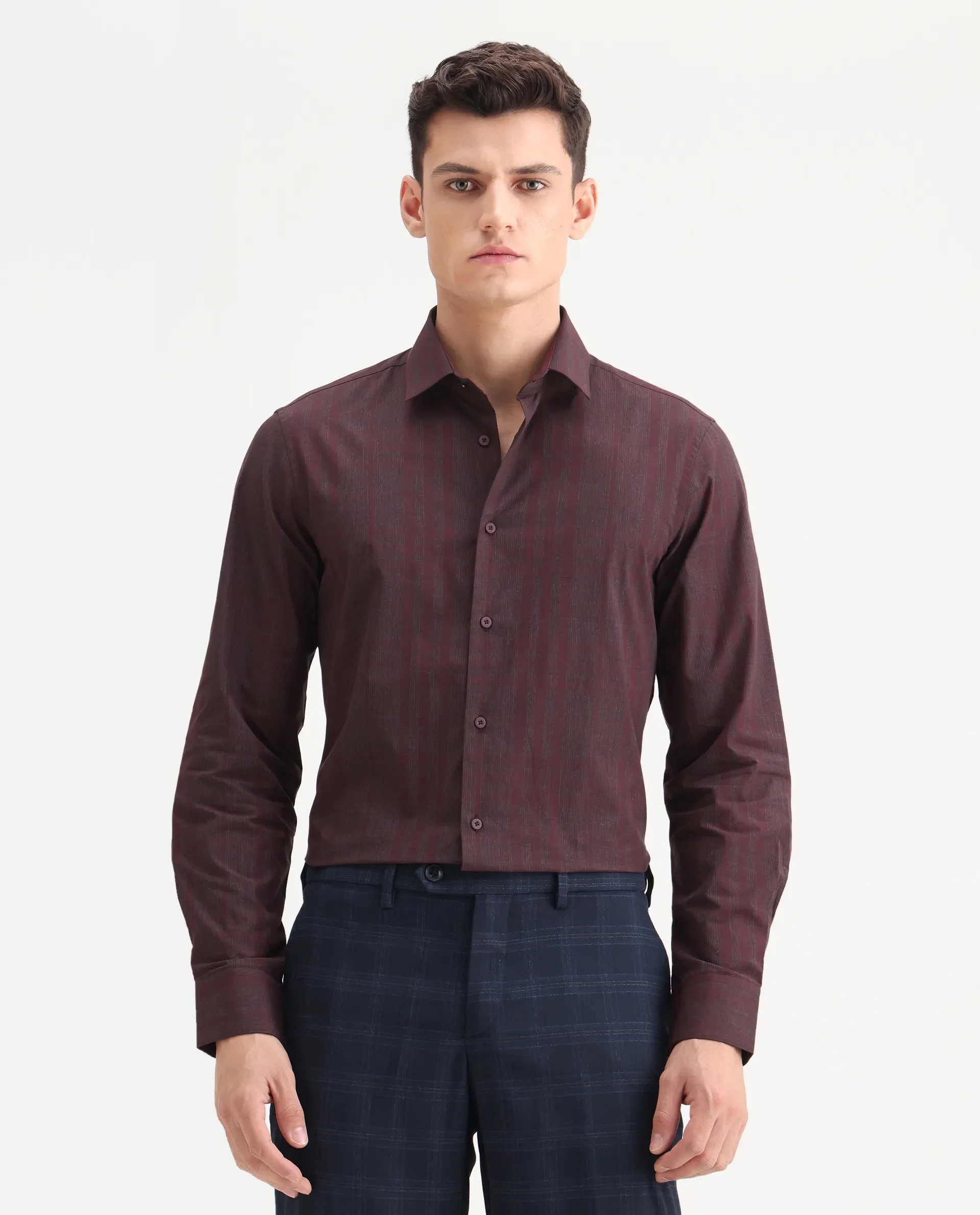 Rare Rabbit Men's Naro-25 Dark Red Cotton Checked Print Regular Fit Full Sleeve Spread Collar Shirt - Image 4