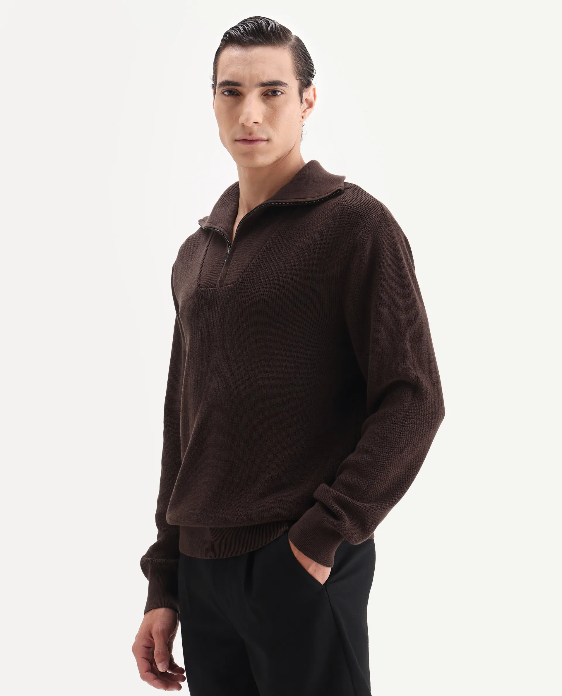 Rare Rabbit Men's Naro Dark Brown Polyester Fabric Full Sleeve High Neck Plain Sweater - Image 4