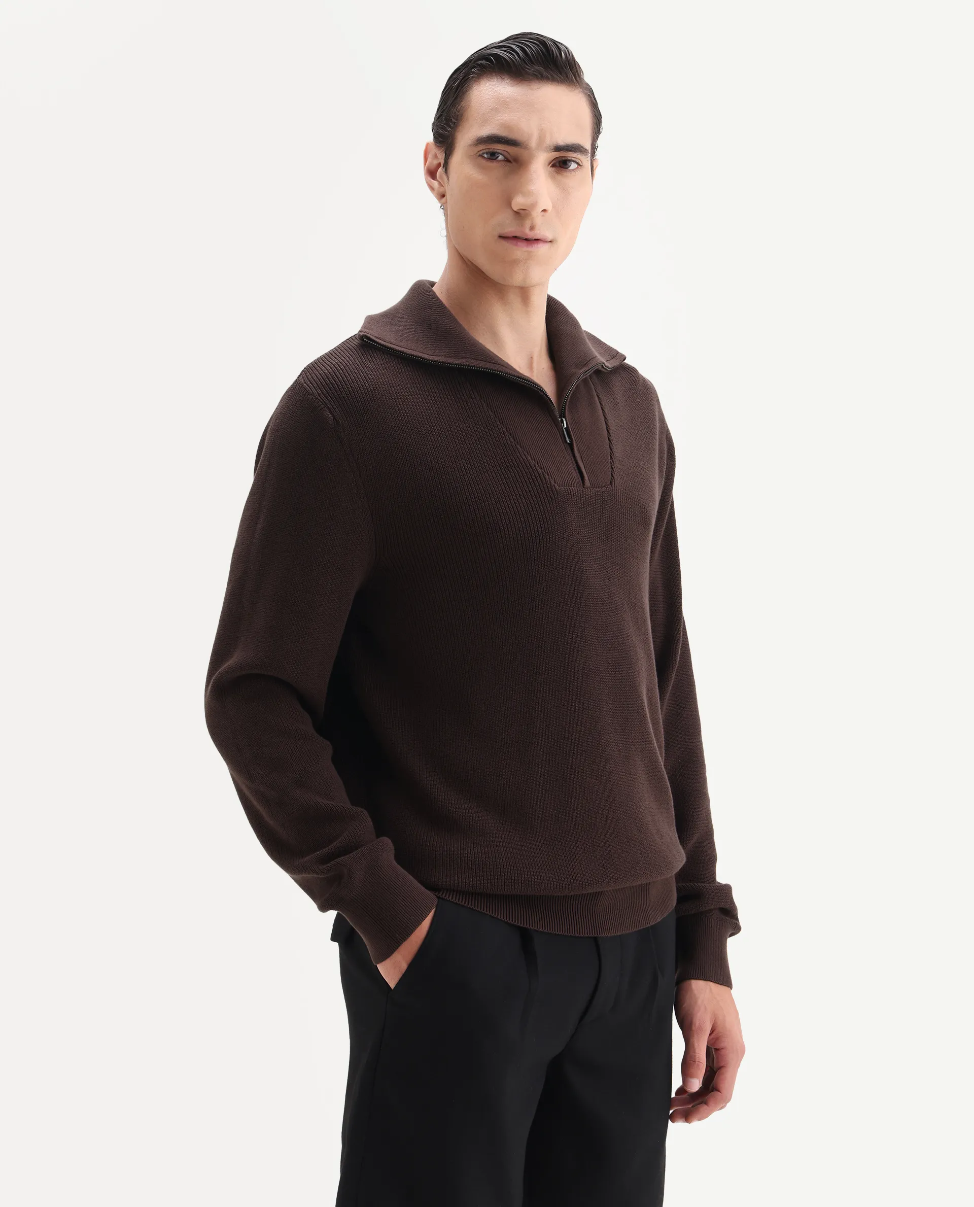 Rare Rabbit Men's Naro Dark Brown Polyester Fabric Full Sleeve High Neck Plain Sweater - Image 5