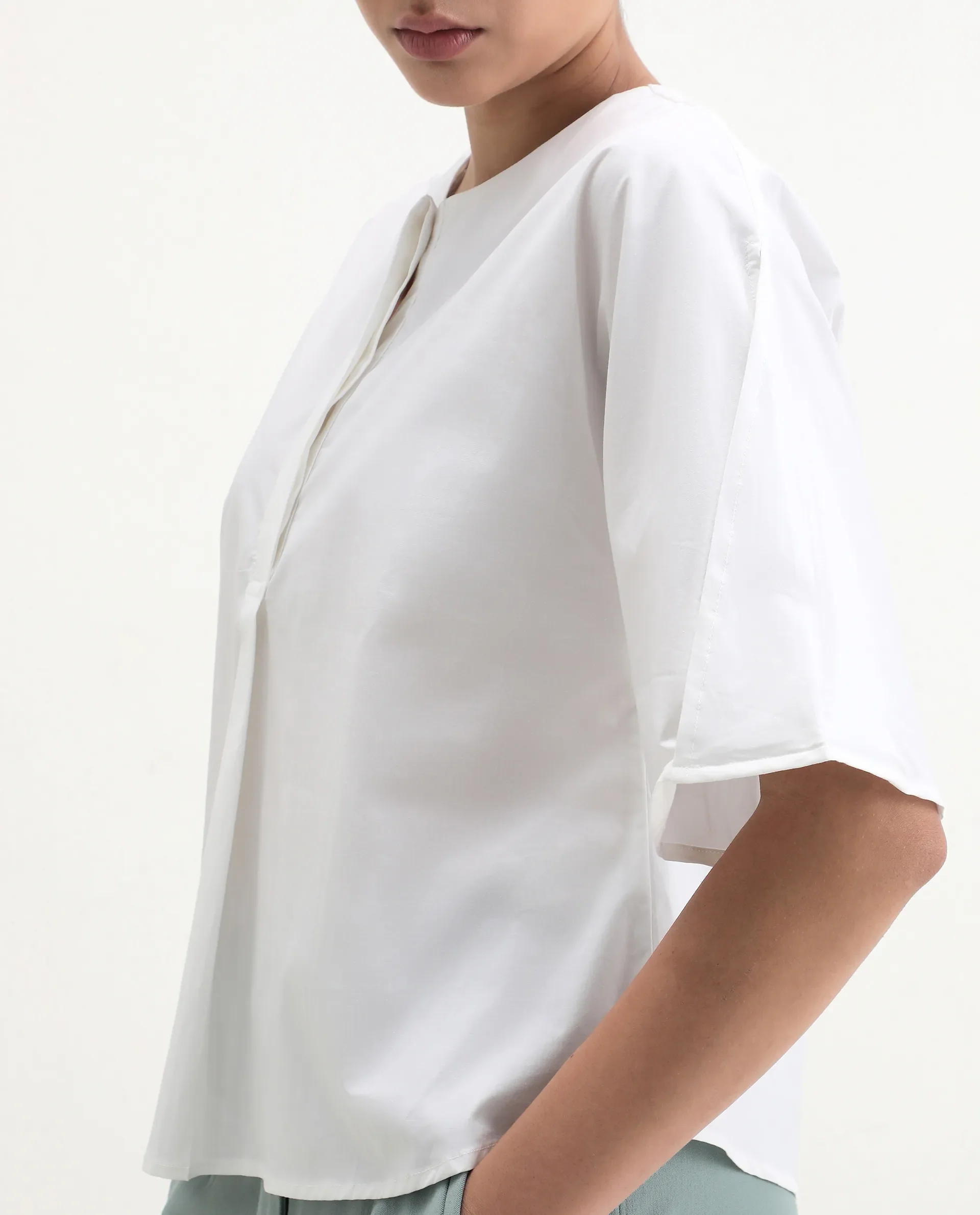 Rareism Women's Naruto White Cotton Crew Neck Plain Balloon Sleeve Relaxed Fit Top - Image 3
