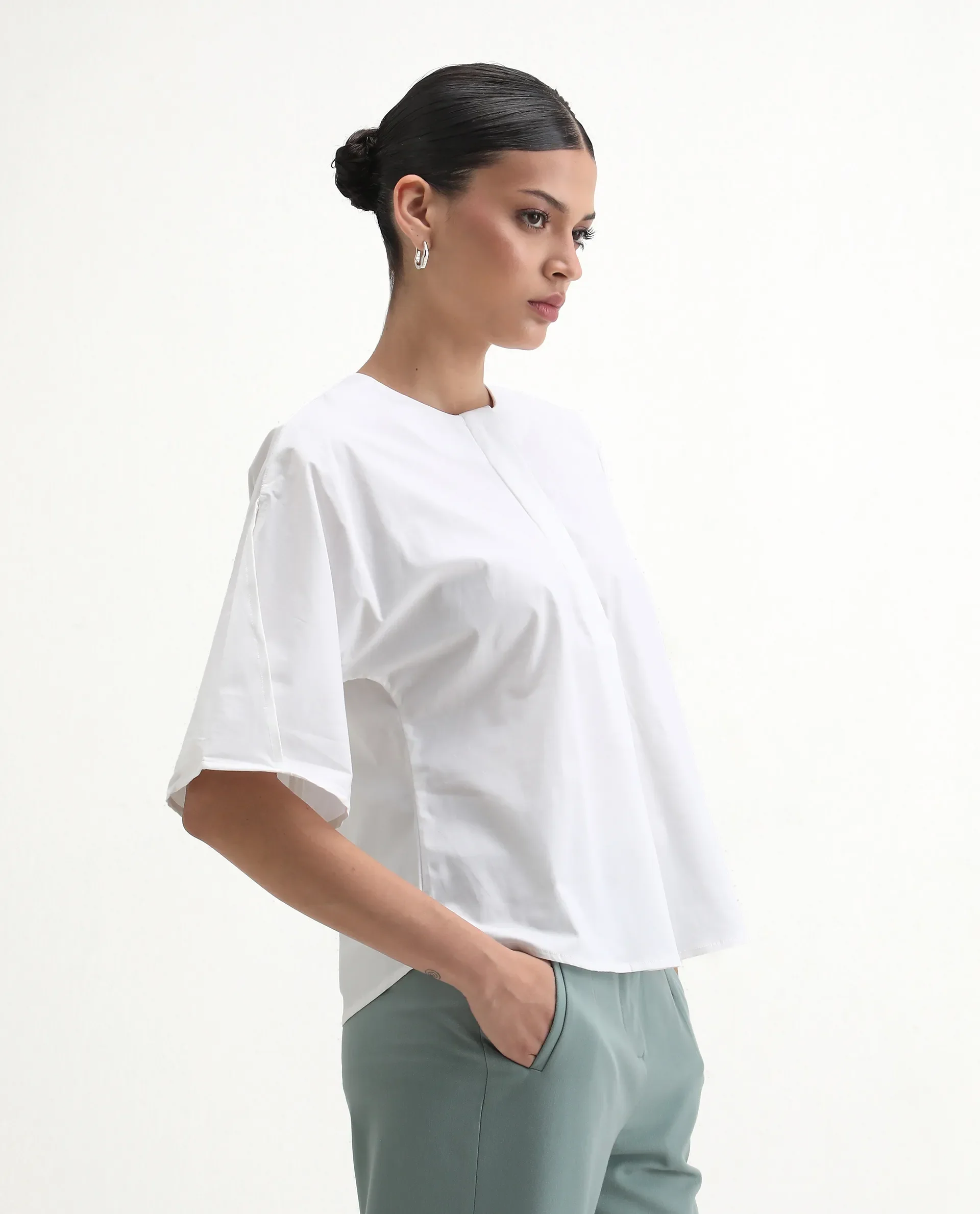 Rareism Women's Naruto White Cotton Crew Neck Plain Balloon Sleeve Relaxed Fit Top - Image 5