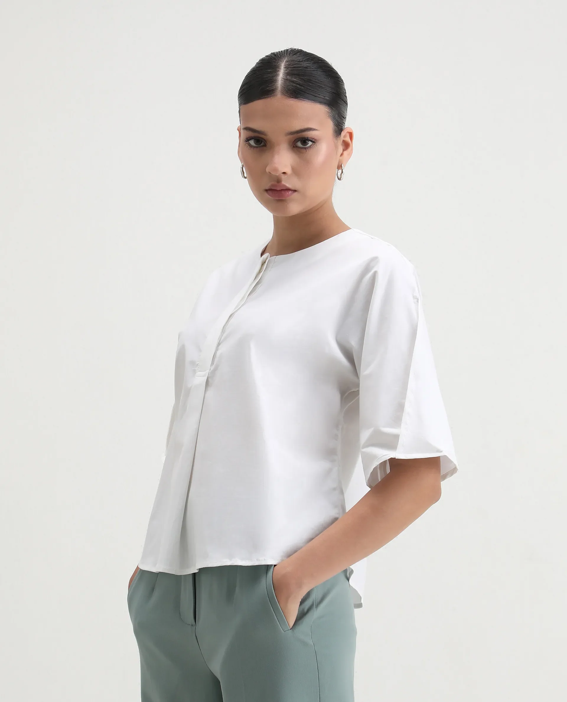 Rareism Women's Naruto White Cotton Crew Neck Plain Balloon Sleeve Relaxed Fit Top - Image 6