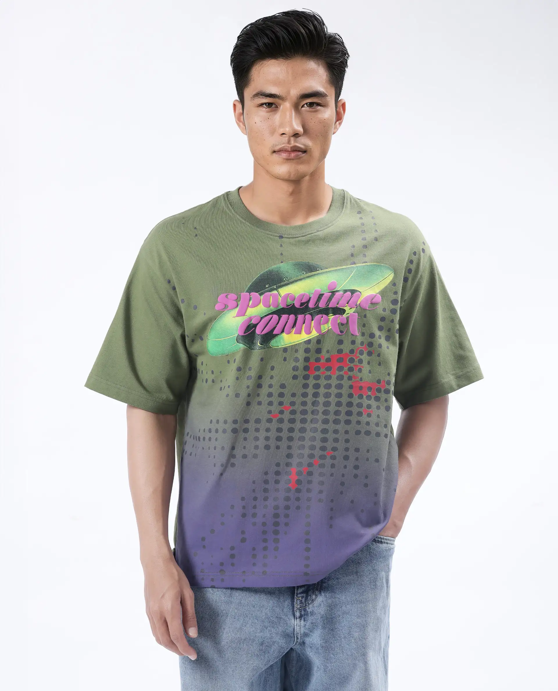 Rare Rabbit Men's Nas Olive Cotton Graphic Print Oversized Fit Half Sleeve Crew Neck T-Shirt - Image 2