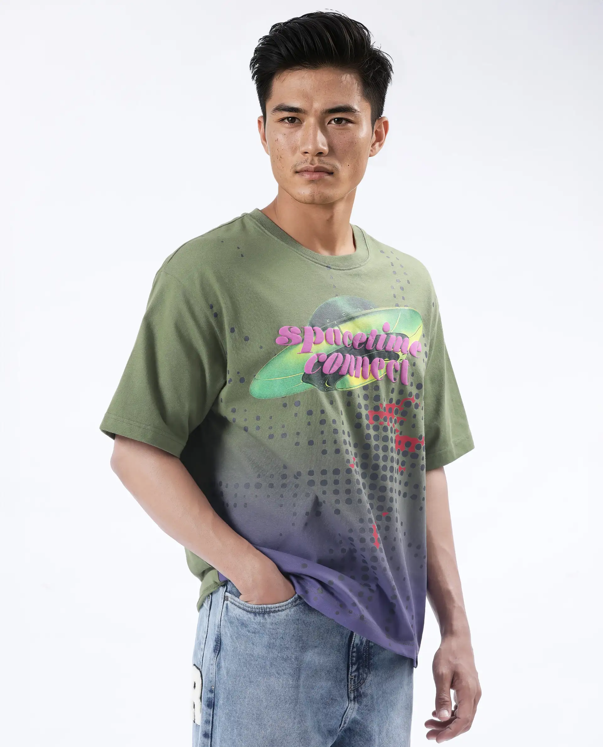 Rare Rabbit Men's Nas Olive Cotton Graphic Print Oversized Fit Half Sleeve Crew Neck T-Shirt - Image 3