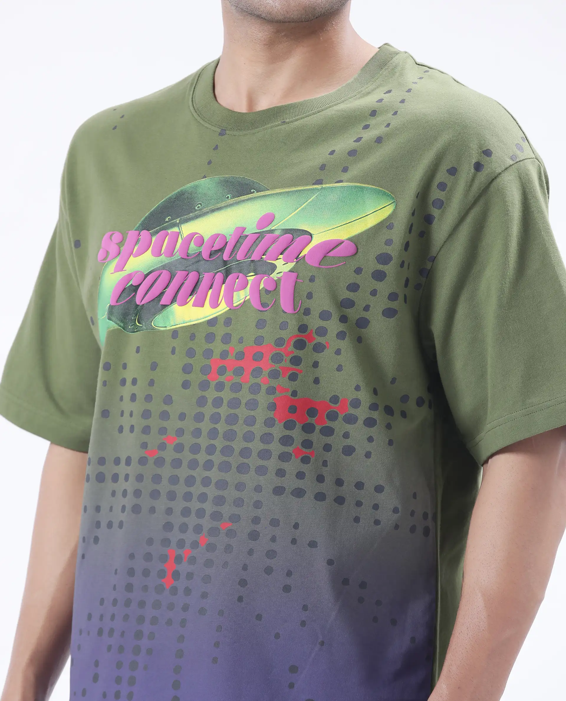 Rare Rabbit Men's Nas Olive Cotton Graphic Print Oversized Fit Half Sleeve Crew Neck T-Shirt - Image 4