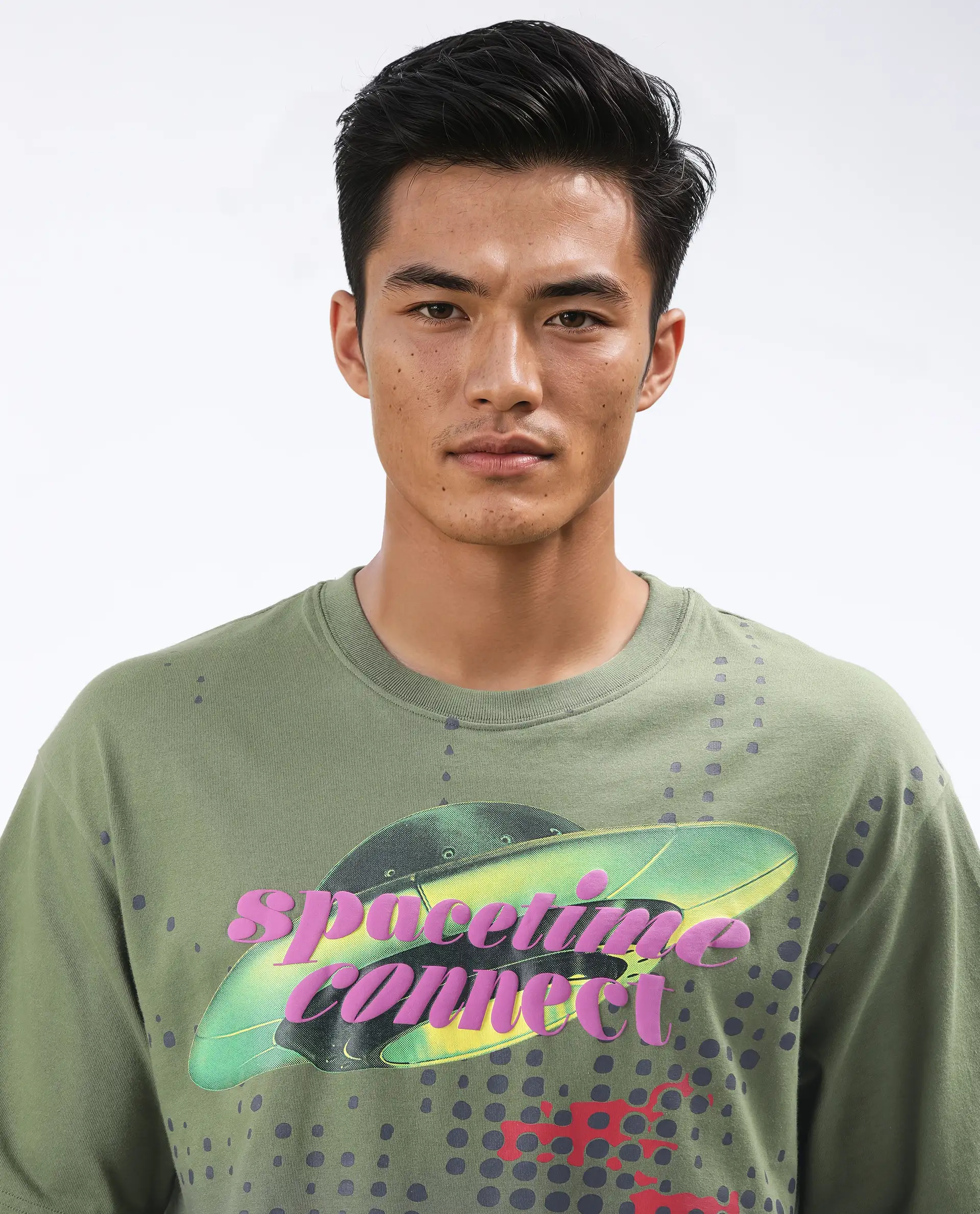 Rare Rabbit Men's Nas Olive Cotton Graphic Print Oversized Fit Half Sleeve Crew Neck T-Shirt - Image 5