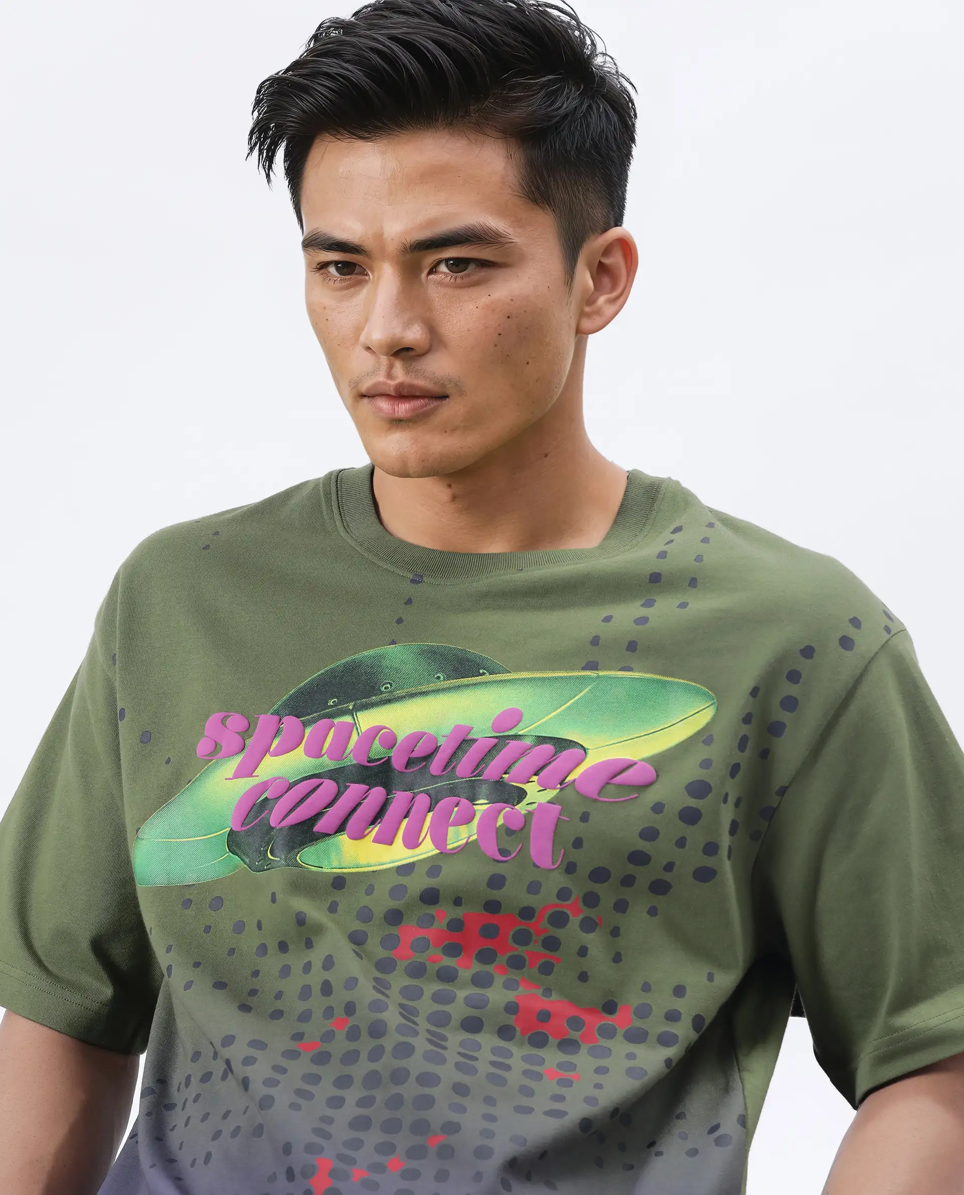 Rare Rabbit Men's Nas Olive Cotton Graphic Print Oversized Fit Half Sleeve Crew Neck T-Shirt - Image 7