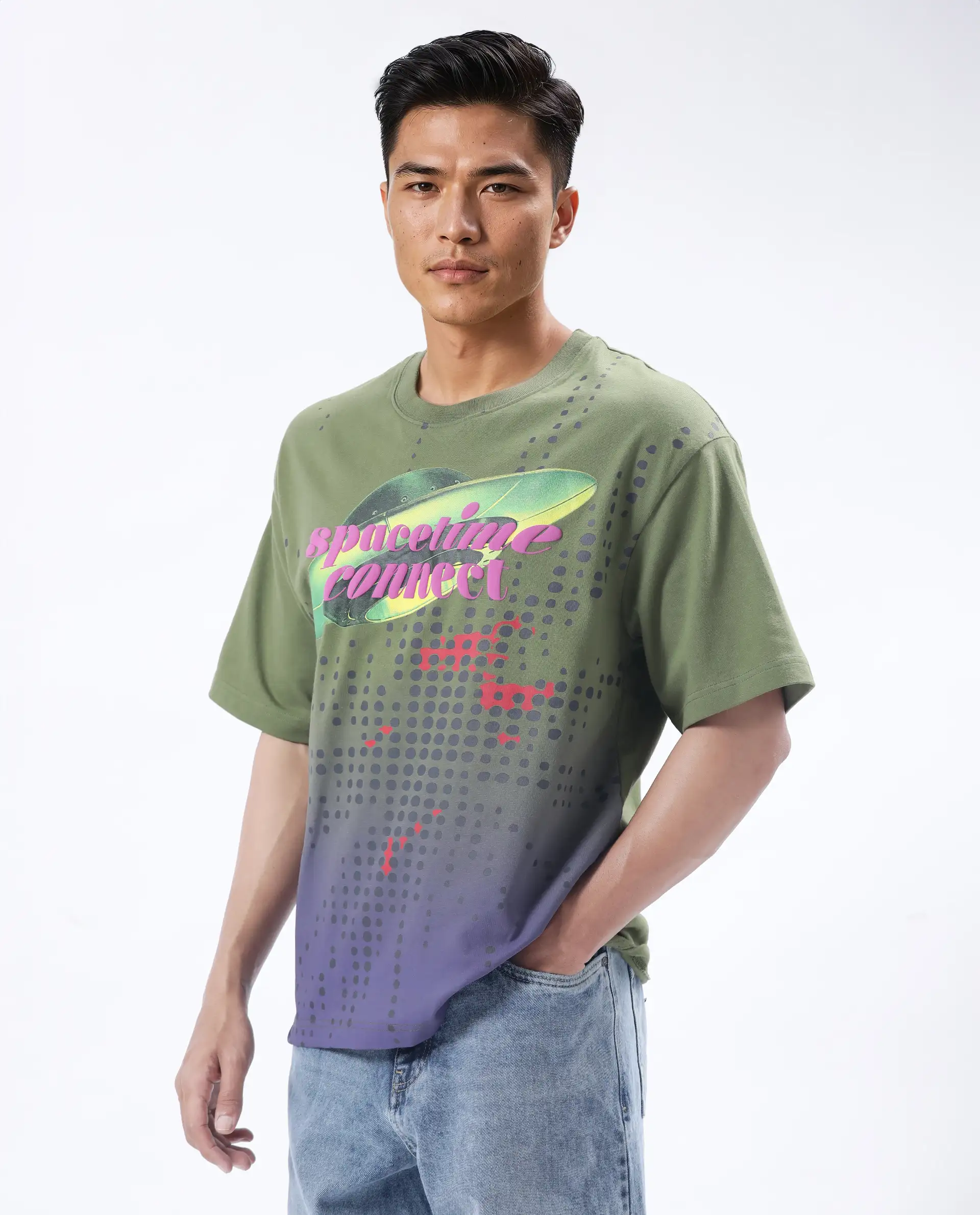 Rare Rabbit Men's Nas Olive Cotton Graphic Print Oversized Fit Half Sleeve Crew Neck T-Shirt - Image 8