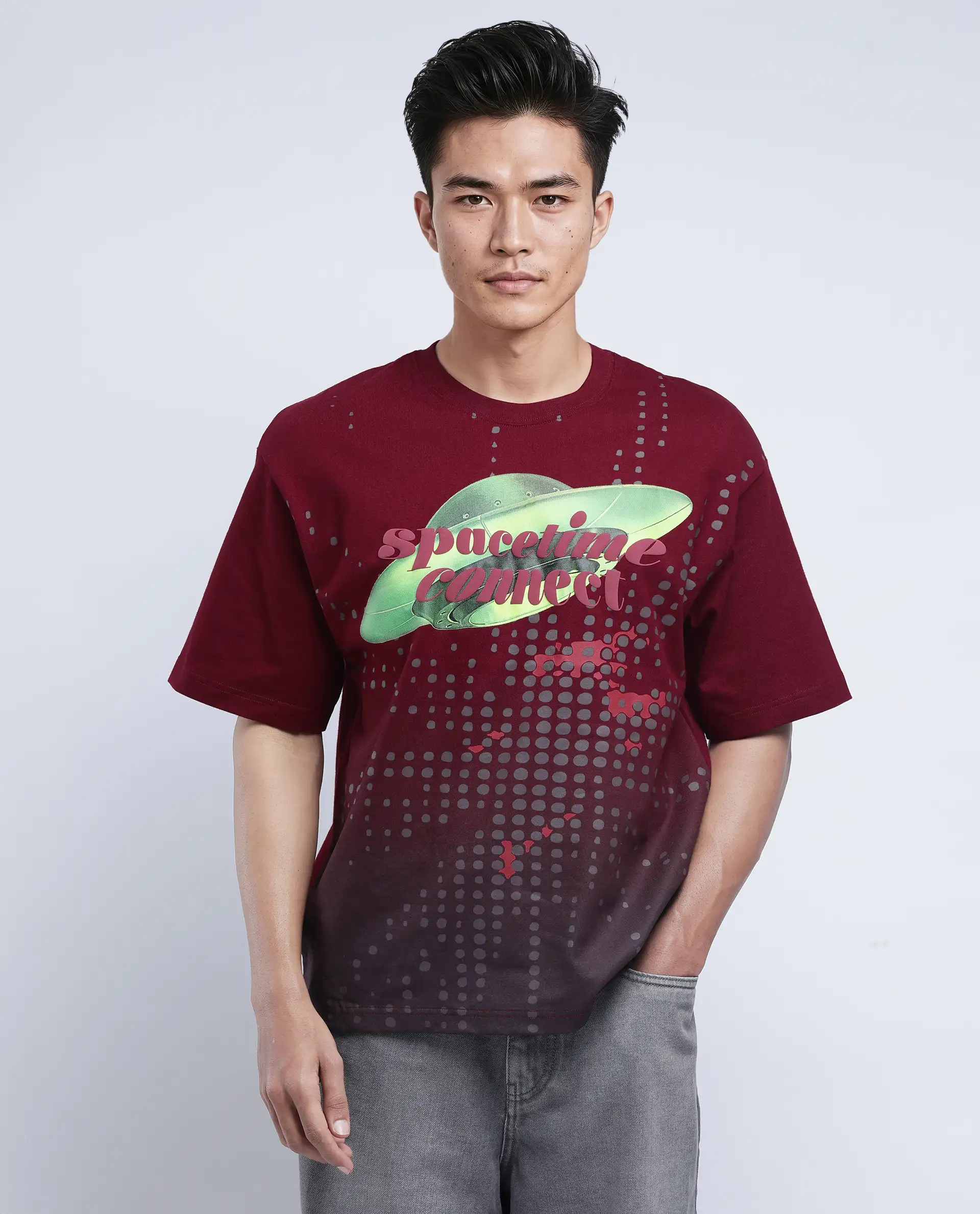 Rare Rabbit Men's Nas Red Cotton Graphic Print Oversized Fit Half Sleeve Crew Neck T-Shirt - Image 2