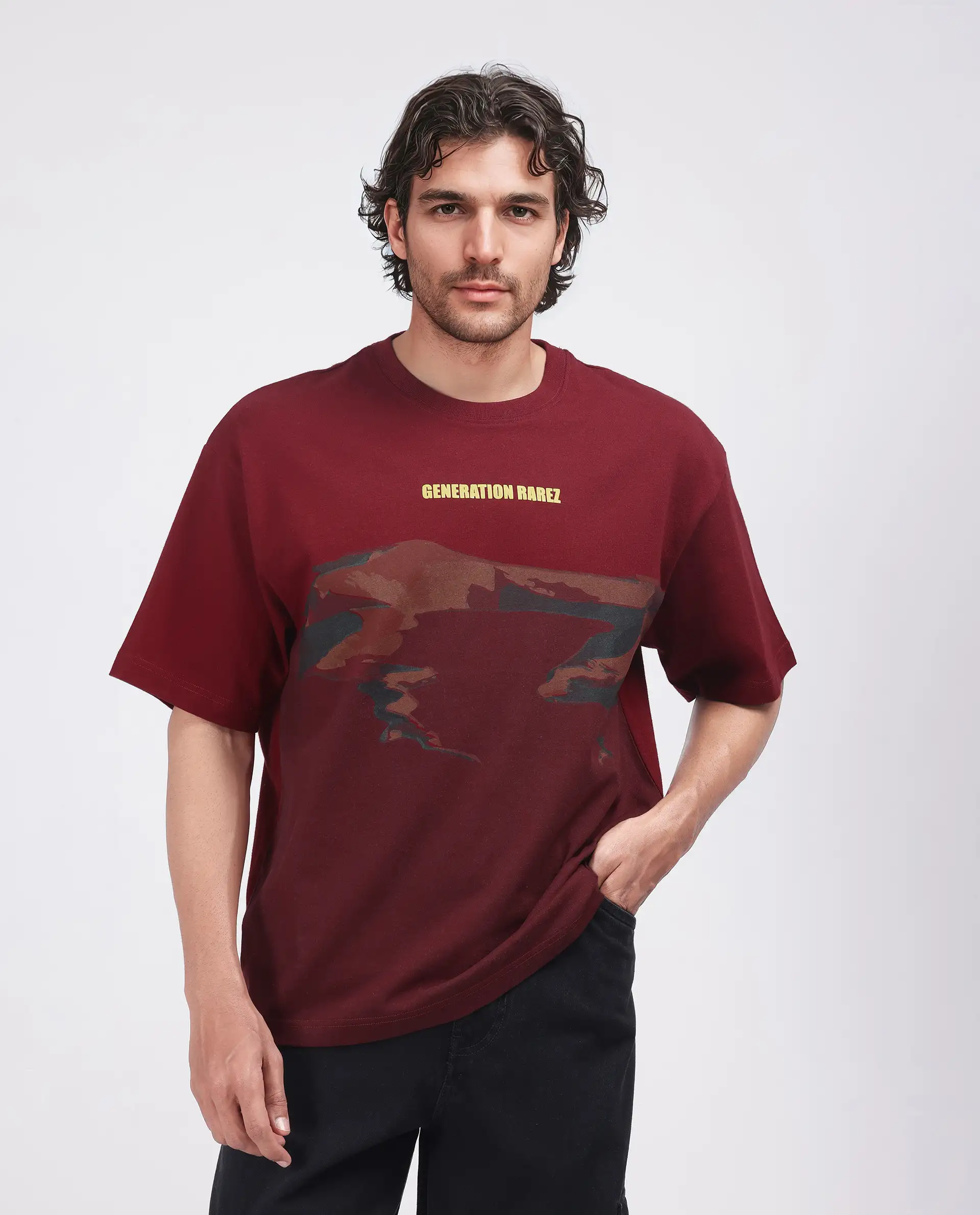Rare Rabbit Men's Naso Red Cotton Ombre Oversized Fit Half Sleeve Crew Neck T-Shirt - Image 3