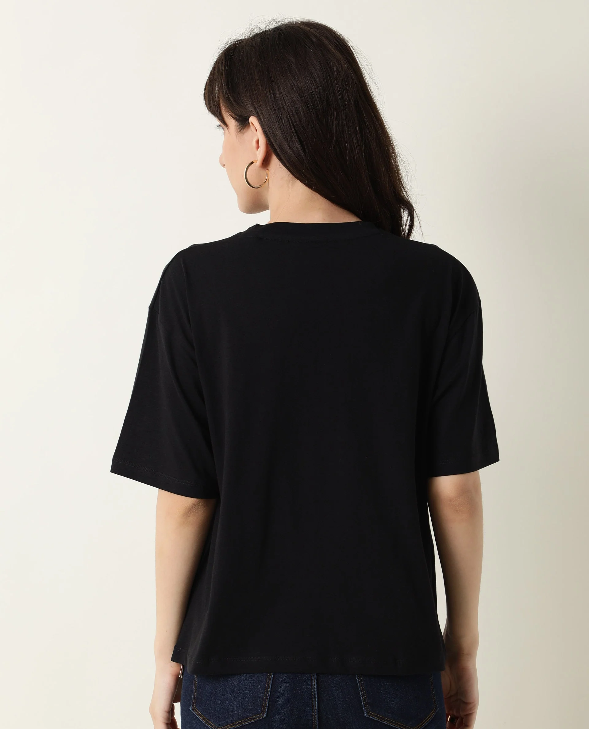Rareism Womens Nat Black T-Shirt Cotton Fabric Regular Fit Half Sleeve Round Neck - Image 16