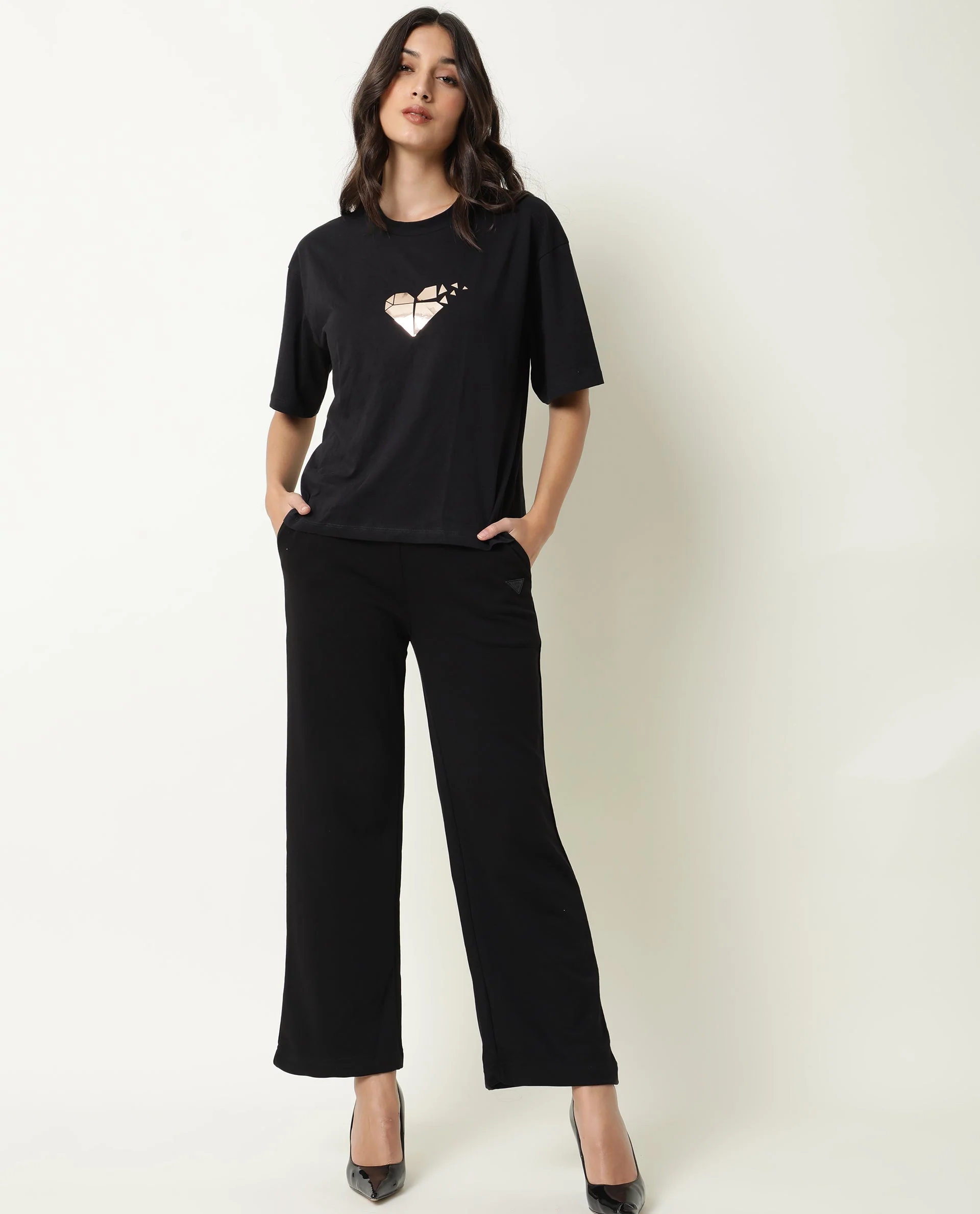 Rareism Womens Nat Black T-Shirt Cotton Fabric Regular Fit Half Sleeve Round Neck - Image 4