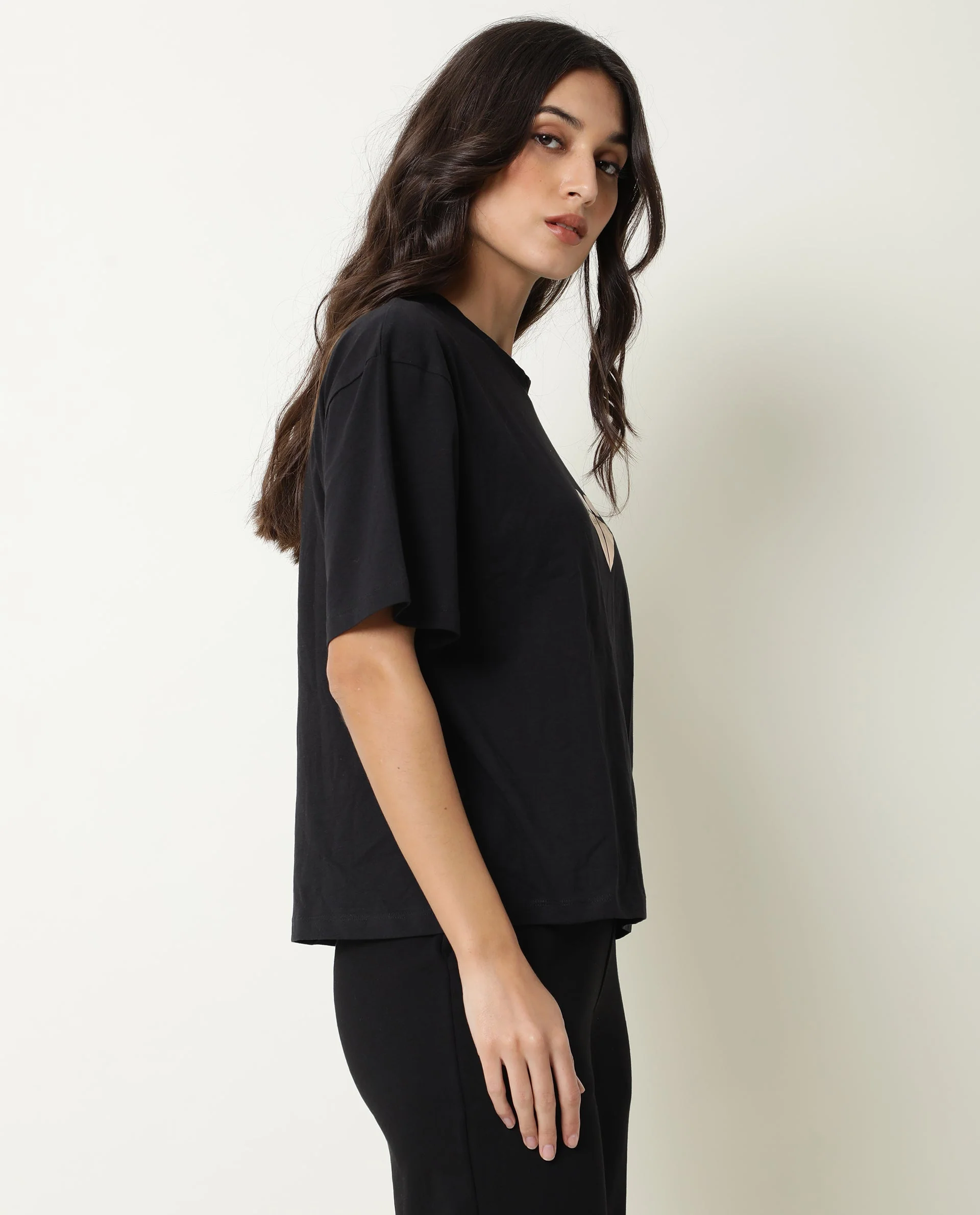 Rareism Womens Nat Black T-Shirt Cotton Fabric Regular Fit Half Sleeve Round Neck - Image 9