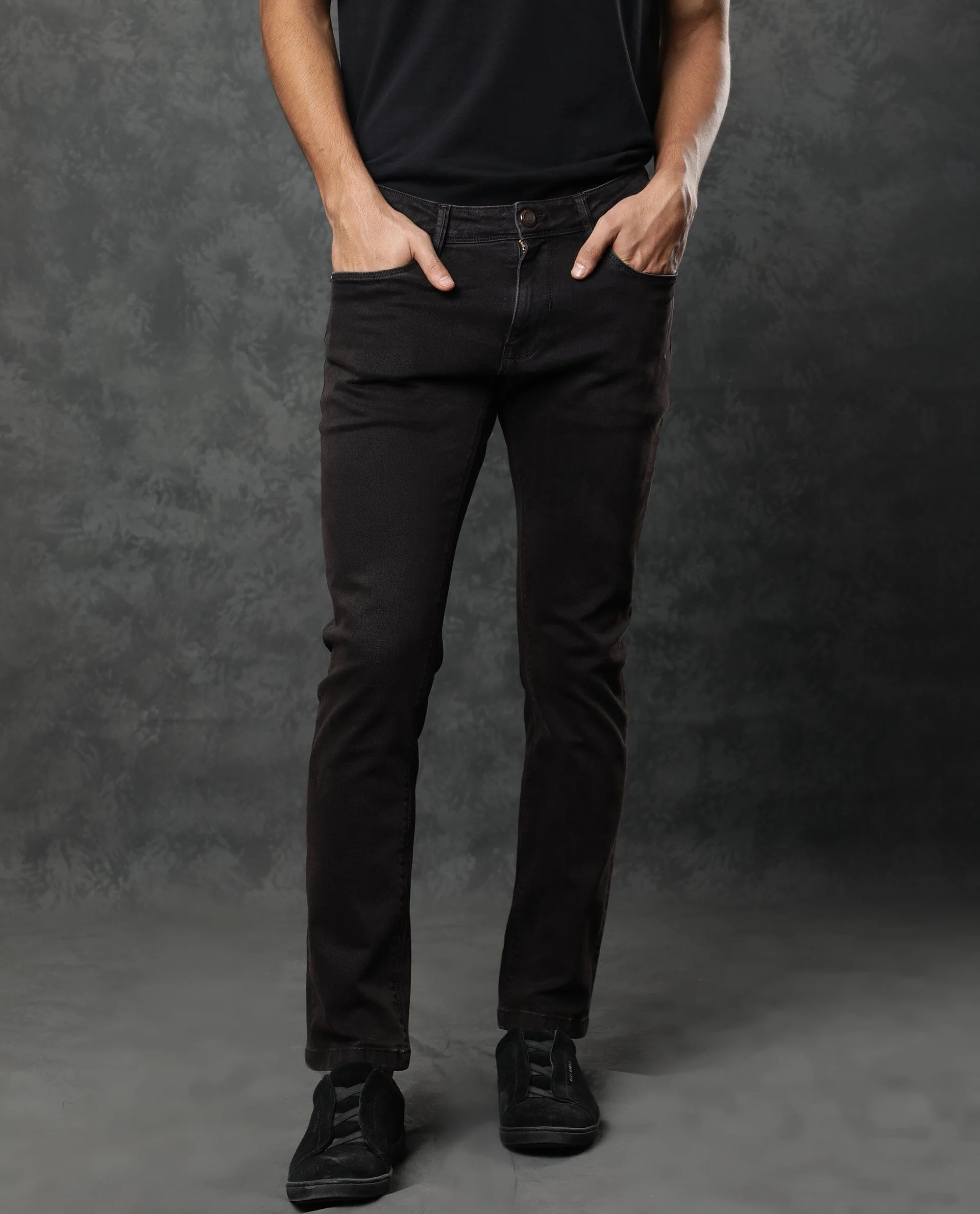 Rare Rabbit Men's Nate Maroon Cotton Plain Hawk Slim Fit Jeans