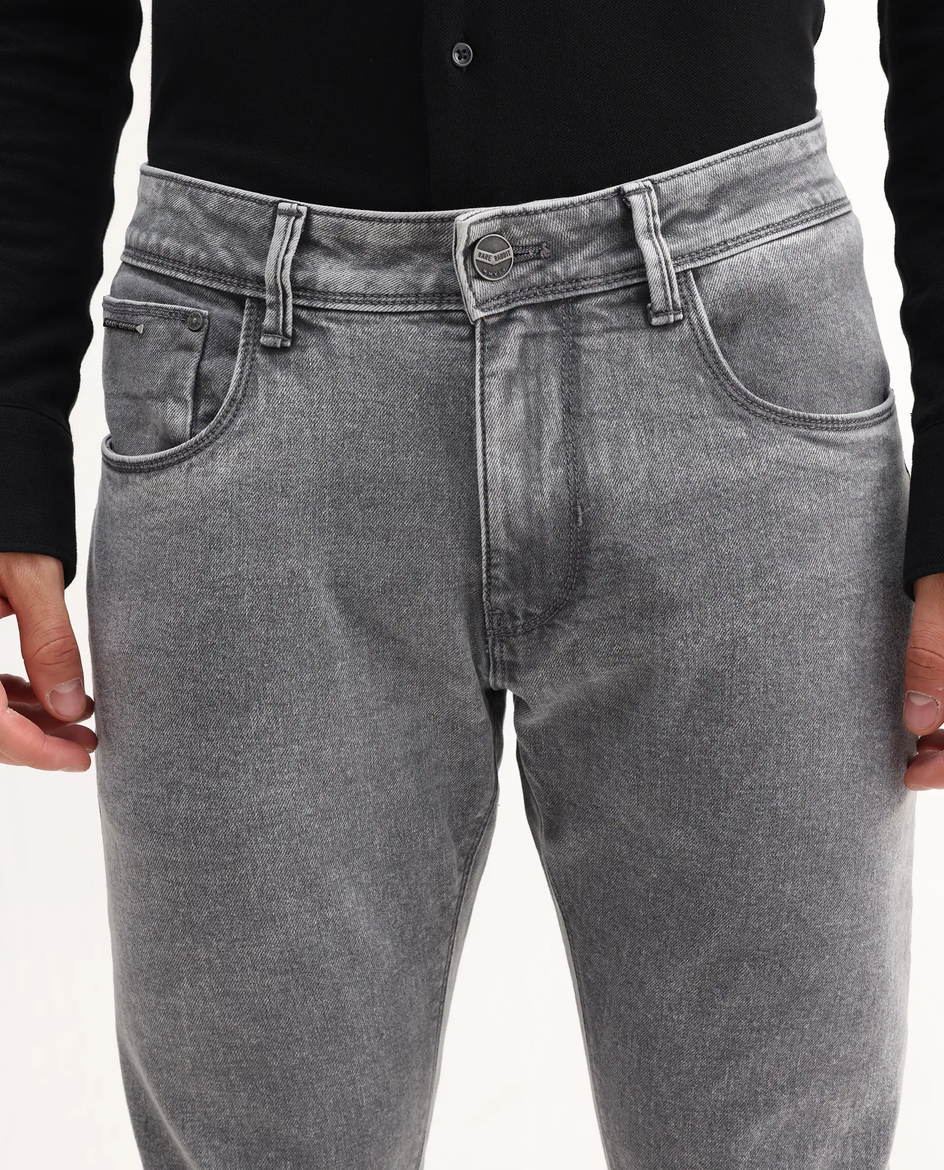 Rare Rabbit Men's Nater Light Grey Cotton Plain Hawk Slim Fit Jeans - Image 3